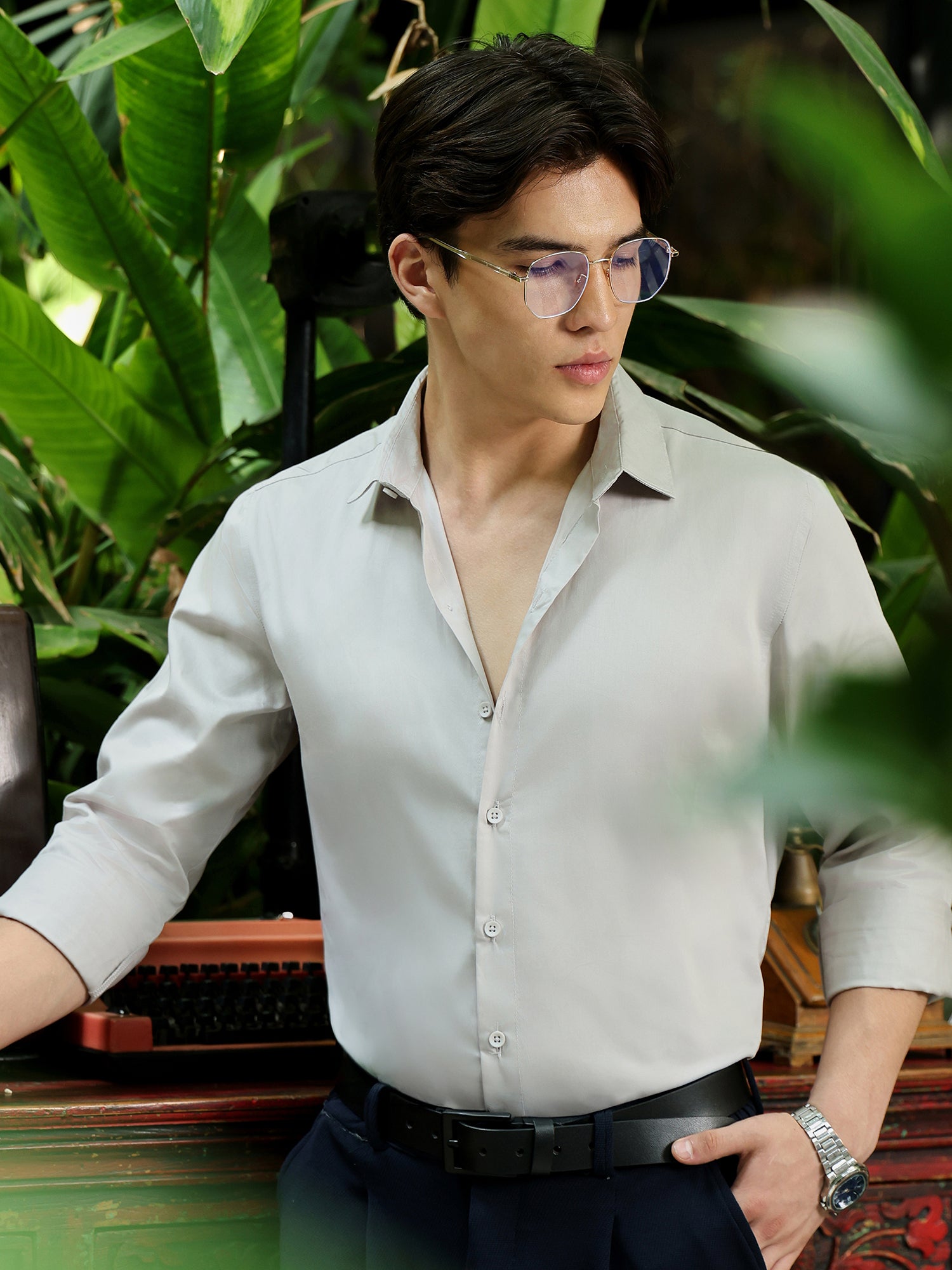 Men Grey Solid Formal Shirt