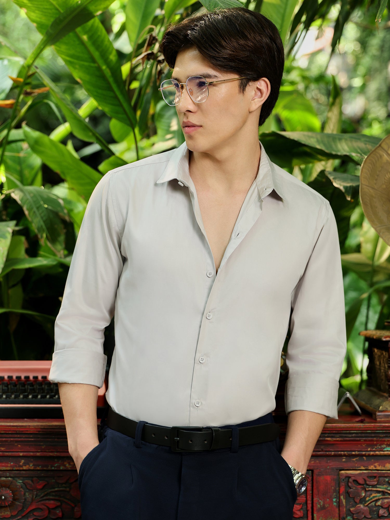 Men Grey Solid Formal Shirt