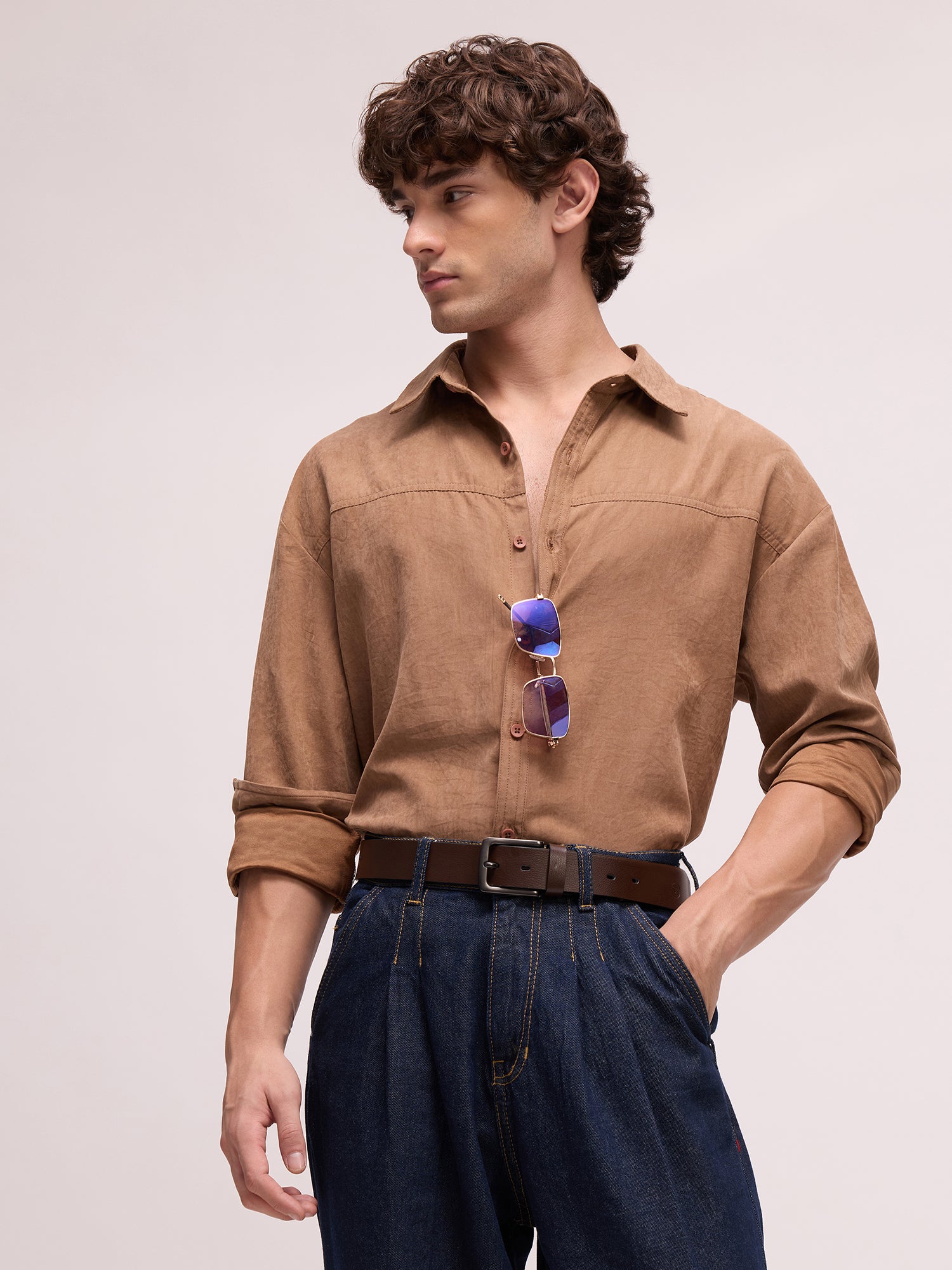 Men Beige Solid Shirt