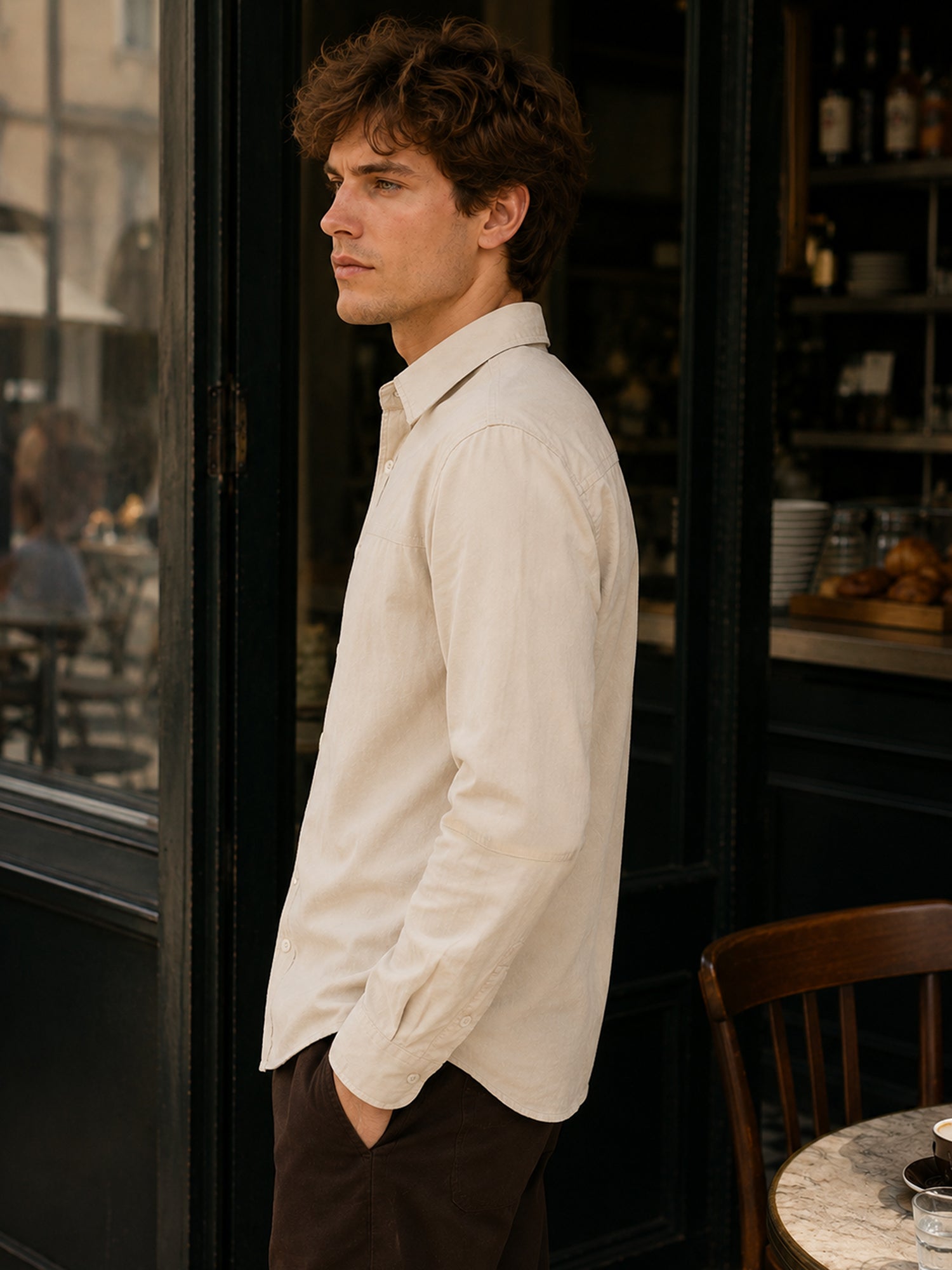 Men Beige Solid Full Sleeves Shirt