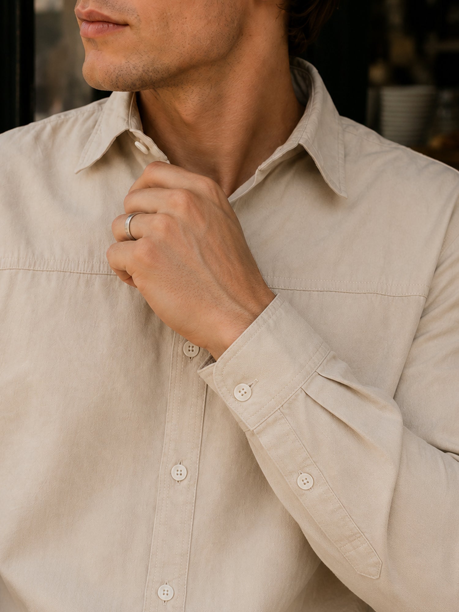 Men Beige Solid Full Sleeves Shirt