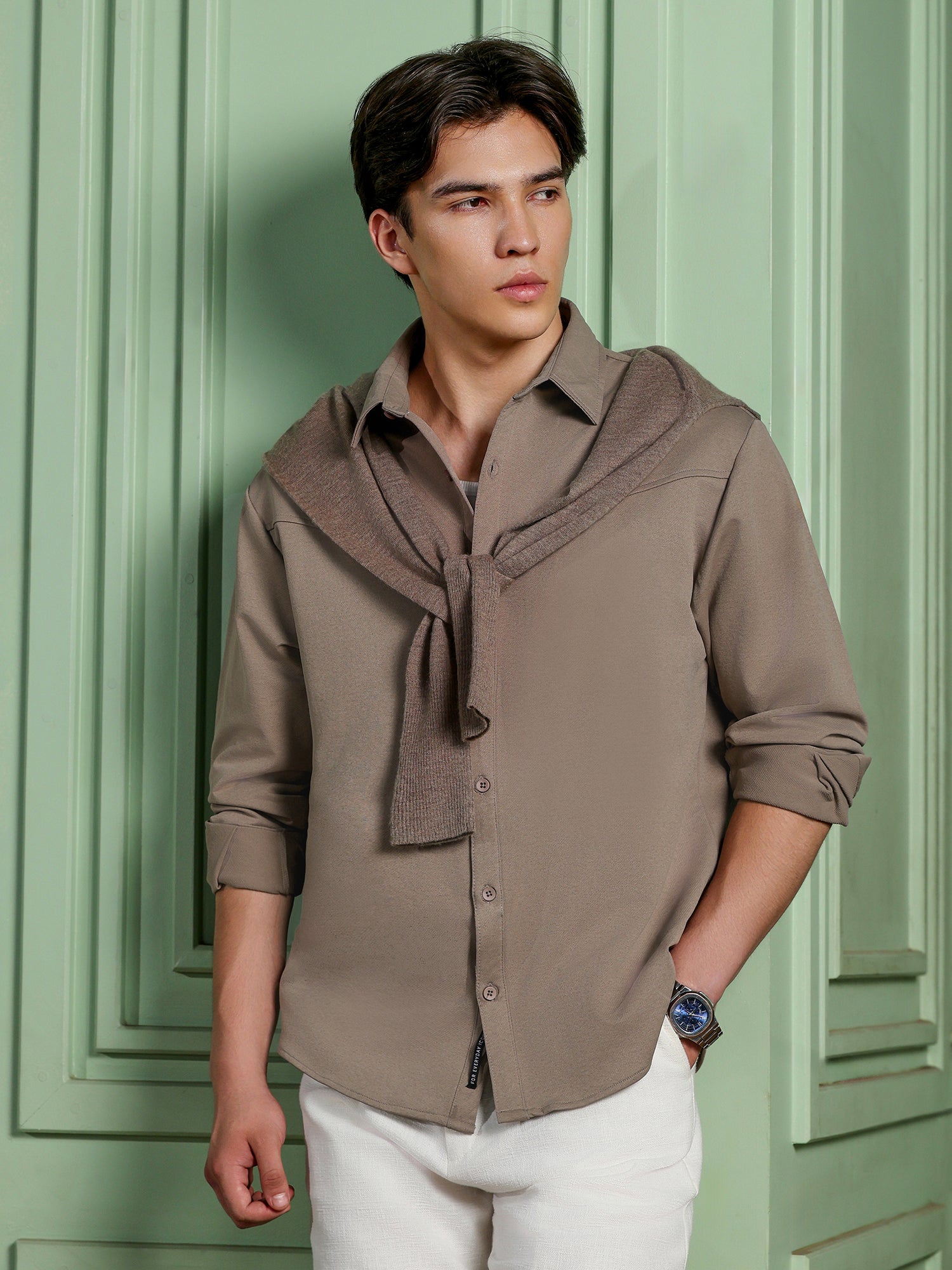 Men Khaki Solid Casual Shirt