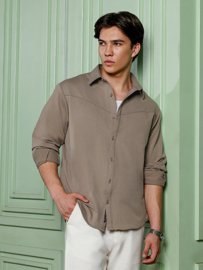 Men Khaki Solid Casual Shirt