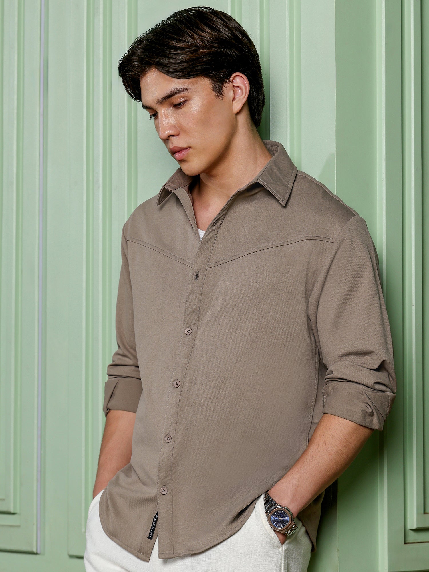Men Khaki Solid Casual Shirt