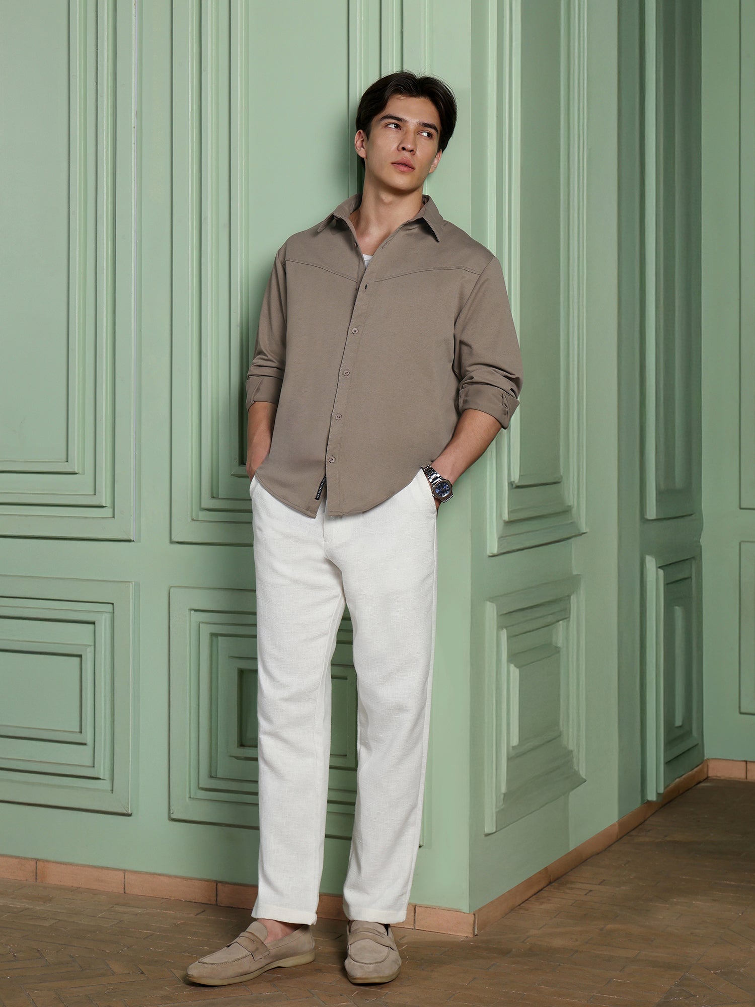 Men Khaki Solid Casual Shirt