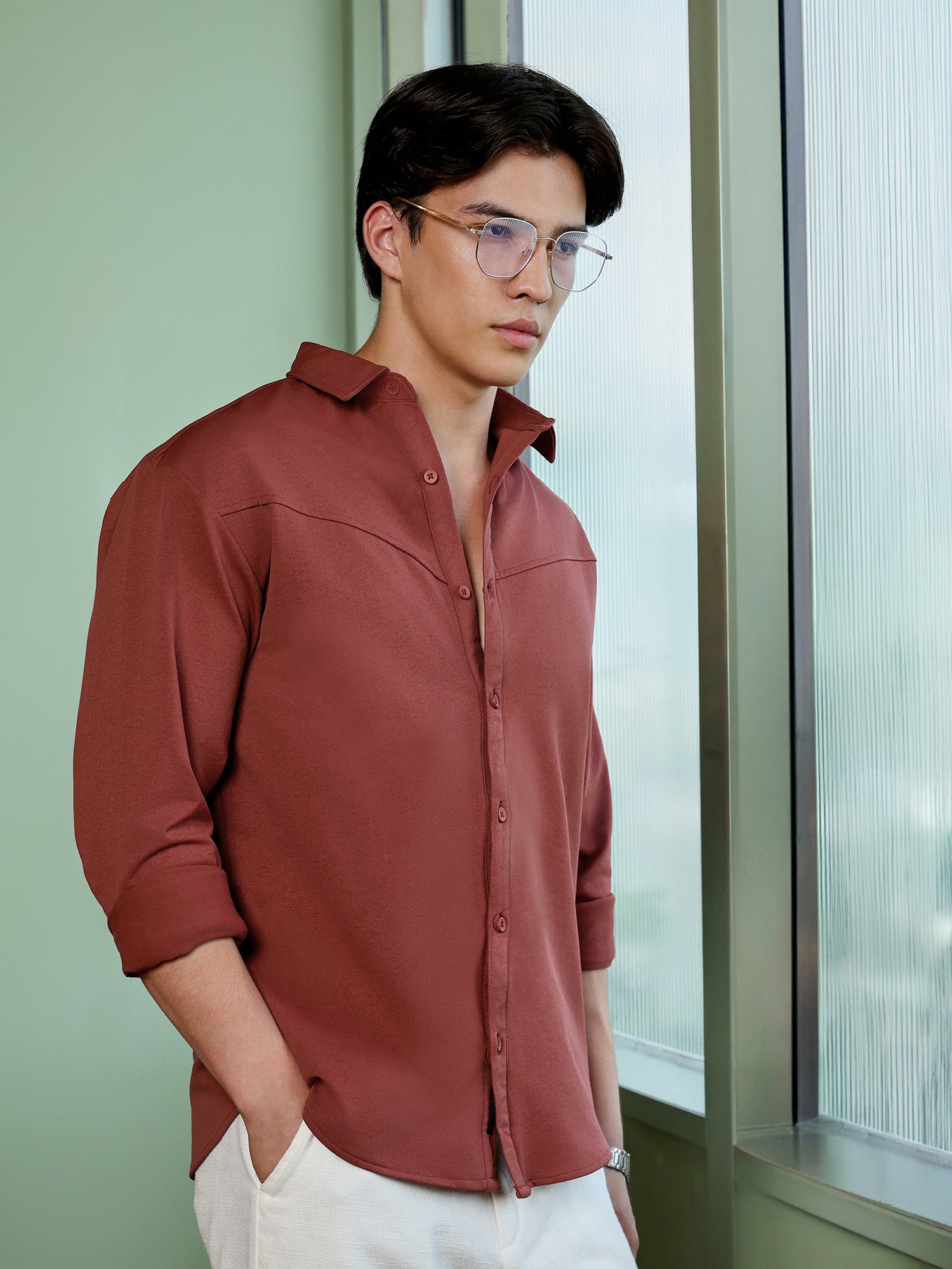 Men Rust Solid Casual Shirt