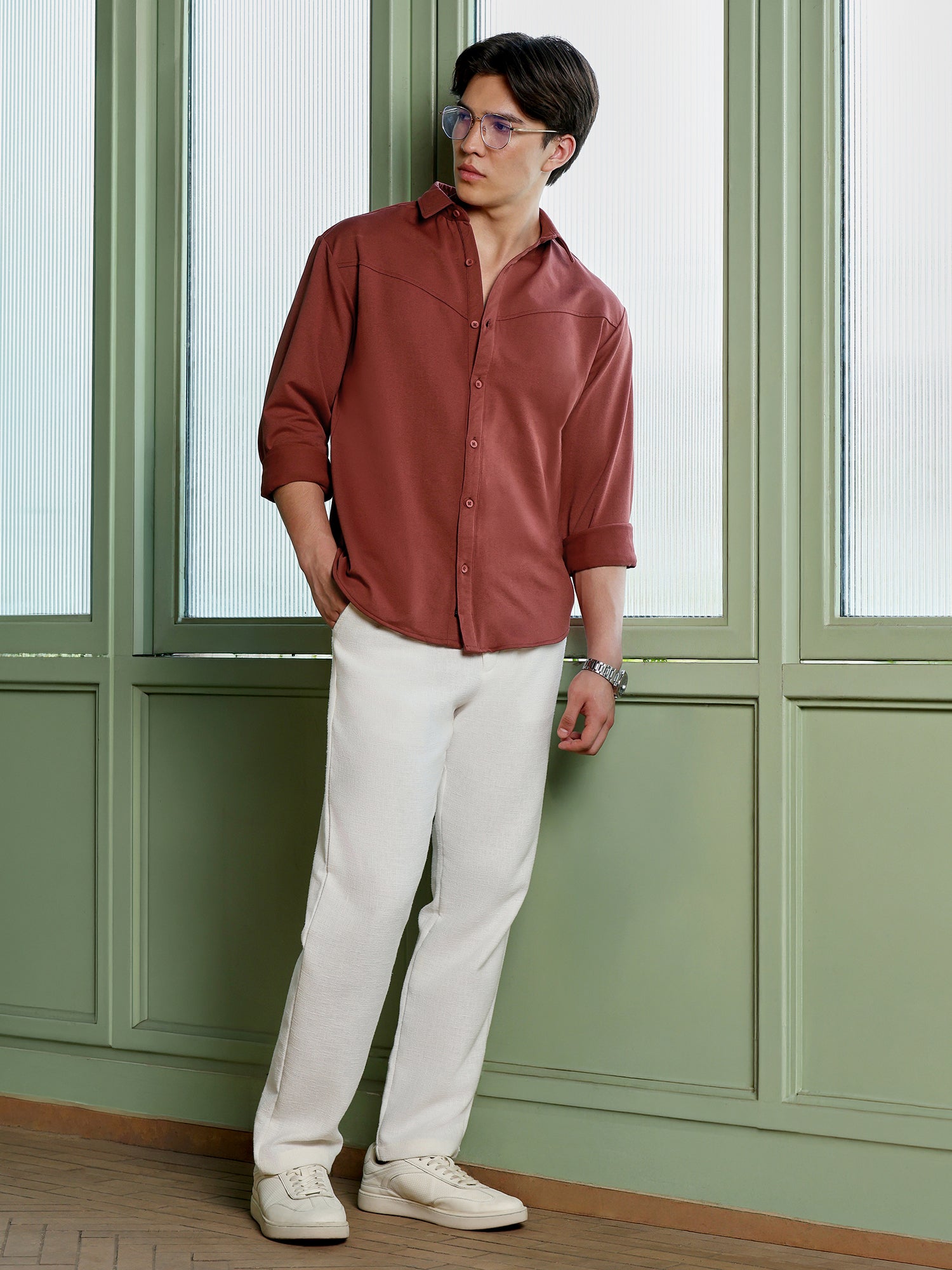 Men Rust Solid Casual Shirt