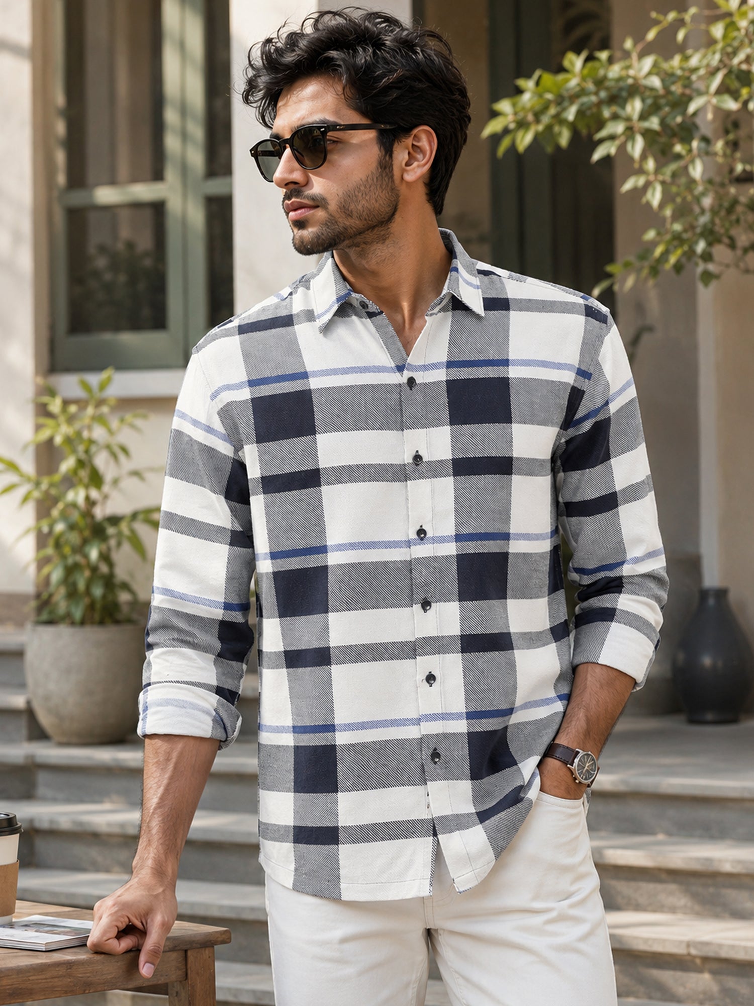 Men White Check Full Sleeves Shirt