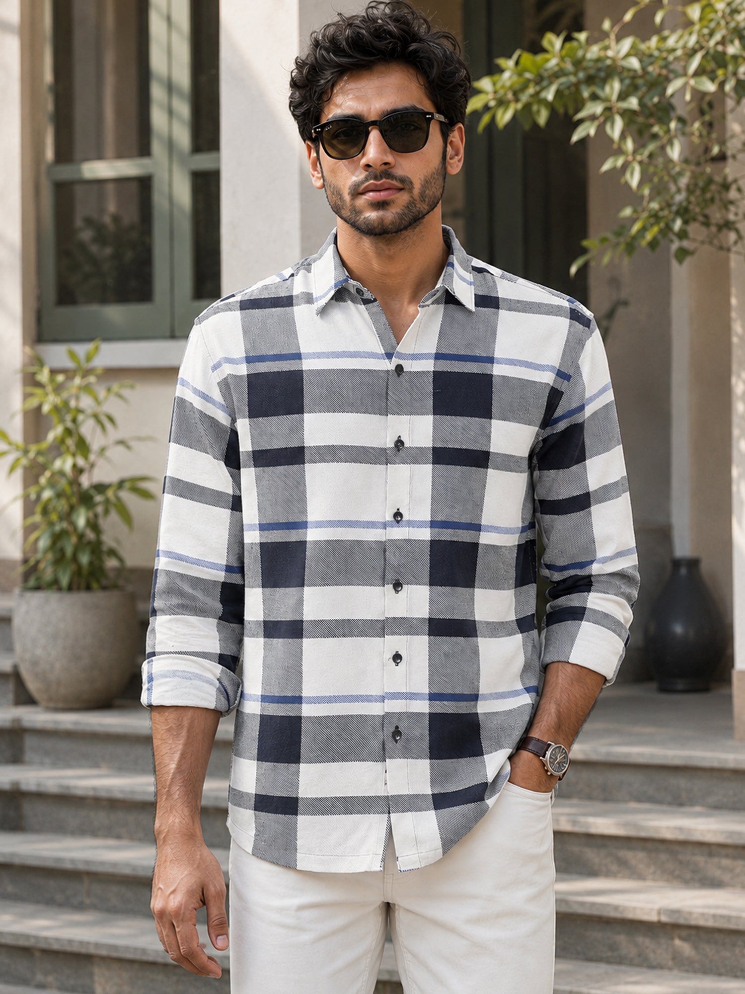 Men White Check Full Sleeves Shirt