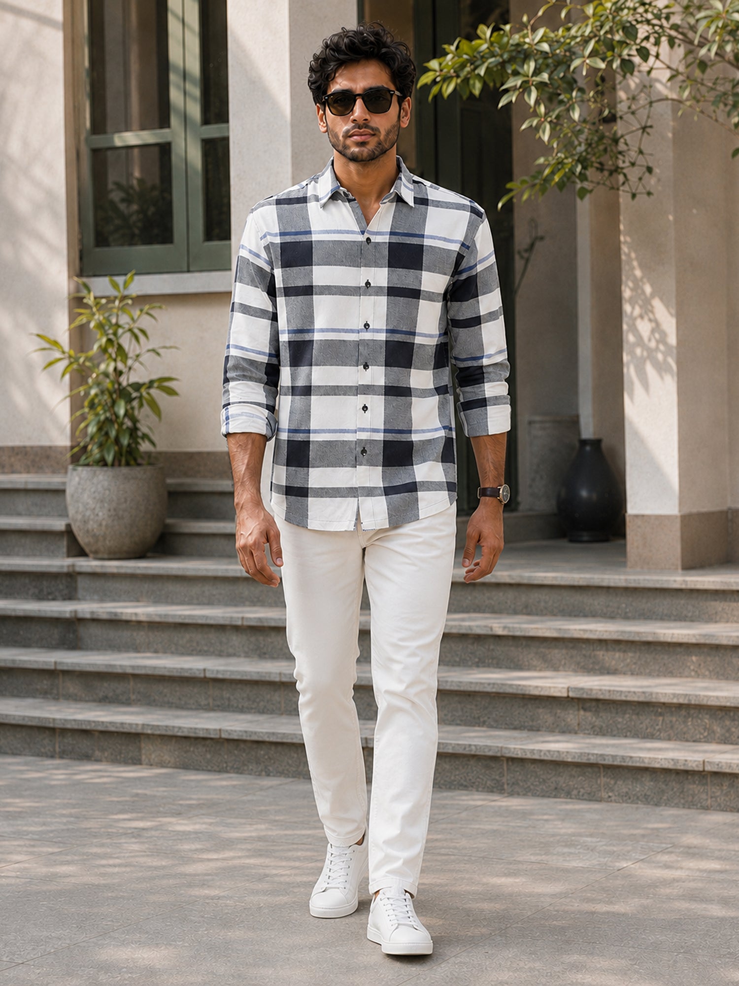 Men White Check Full Sleeves Shirt