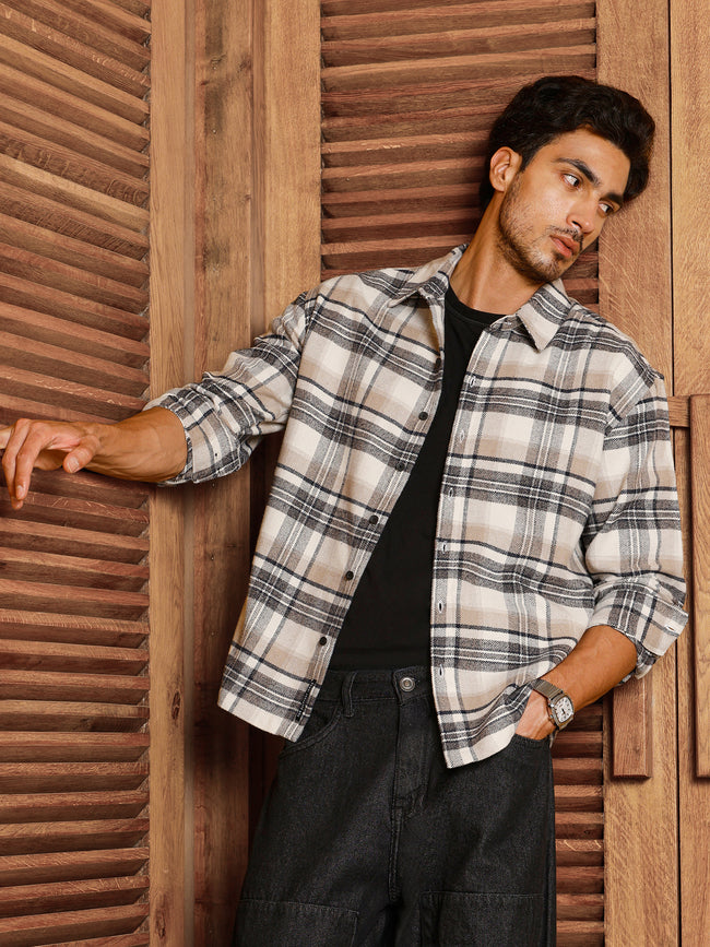 Men Beige Tartan Checked Shirt