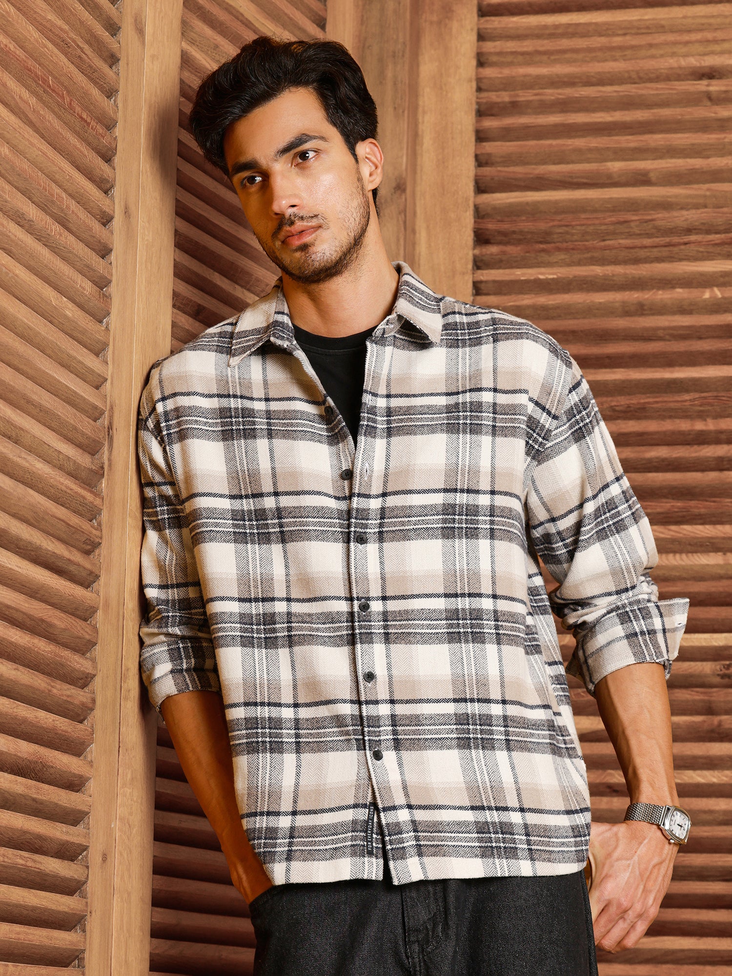 Men Beige Tartan Checked Shirt