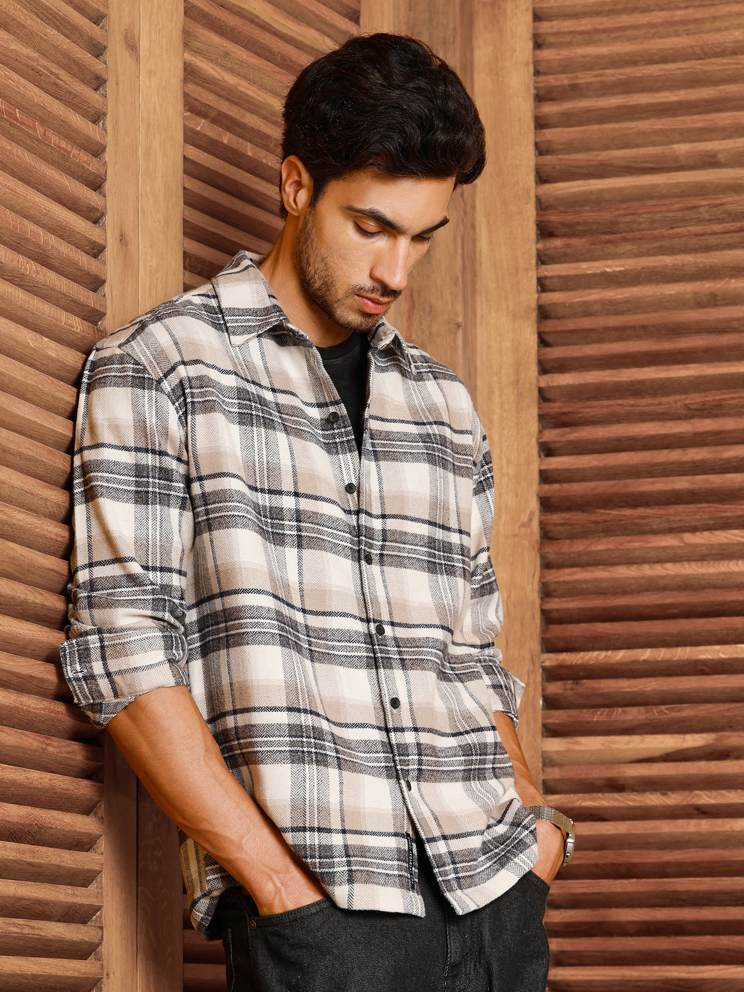 Men Beige Tartan Checked Shirt