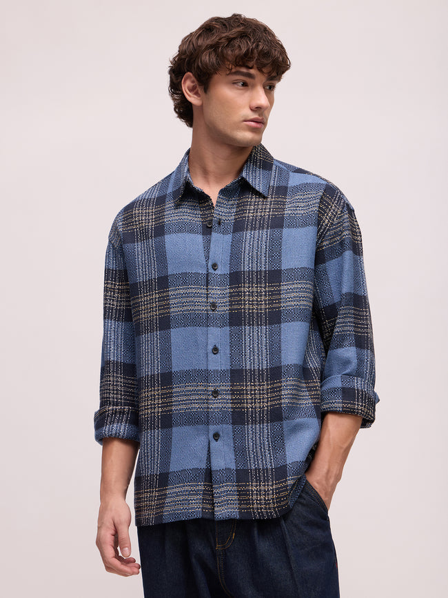 Men Blue Tartan Checked Shirt