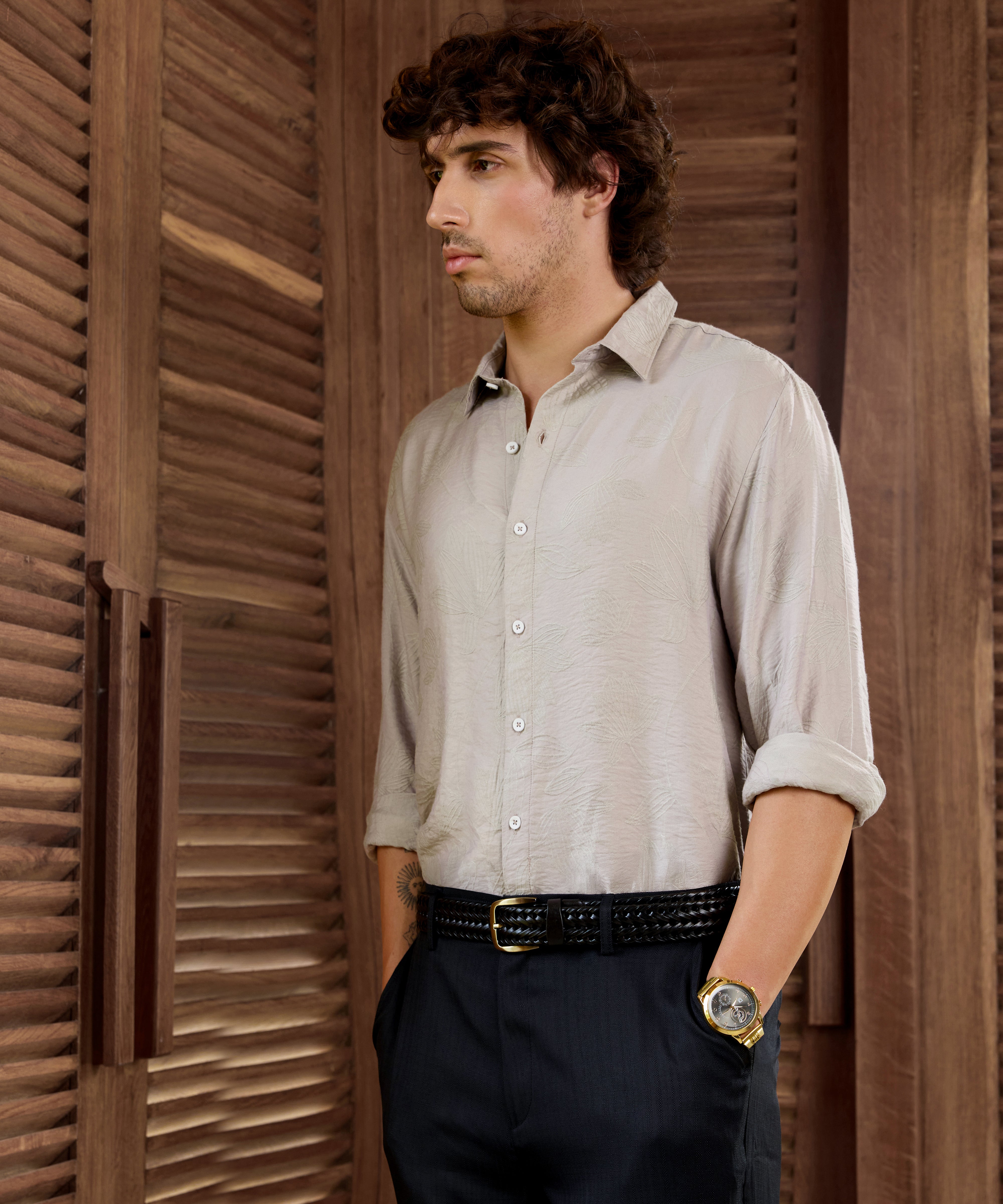 Men Grey Self Design Shirt