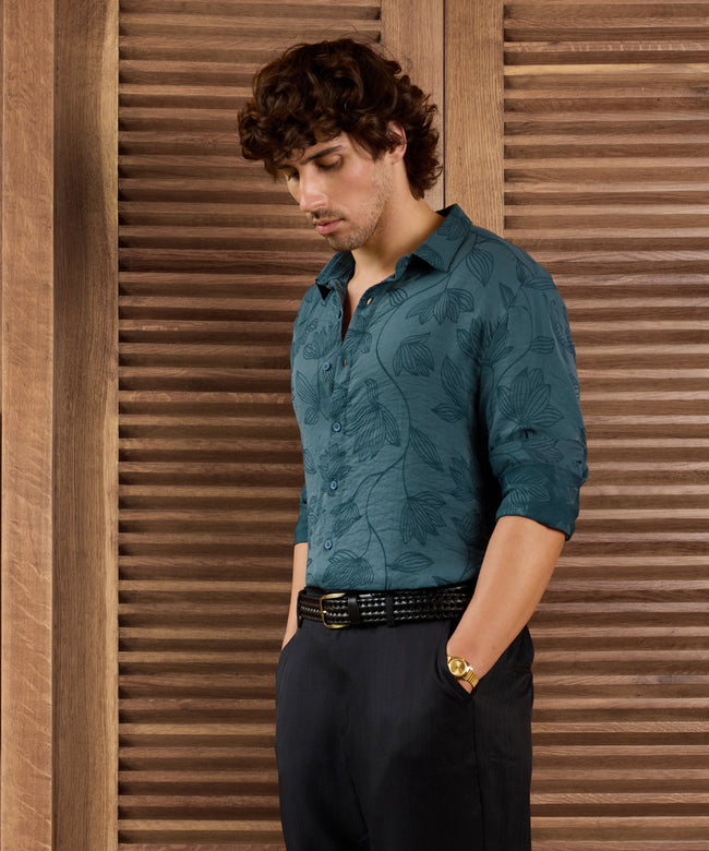 Men Teal Self Design Shirt