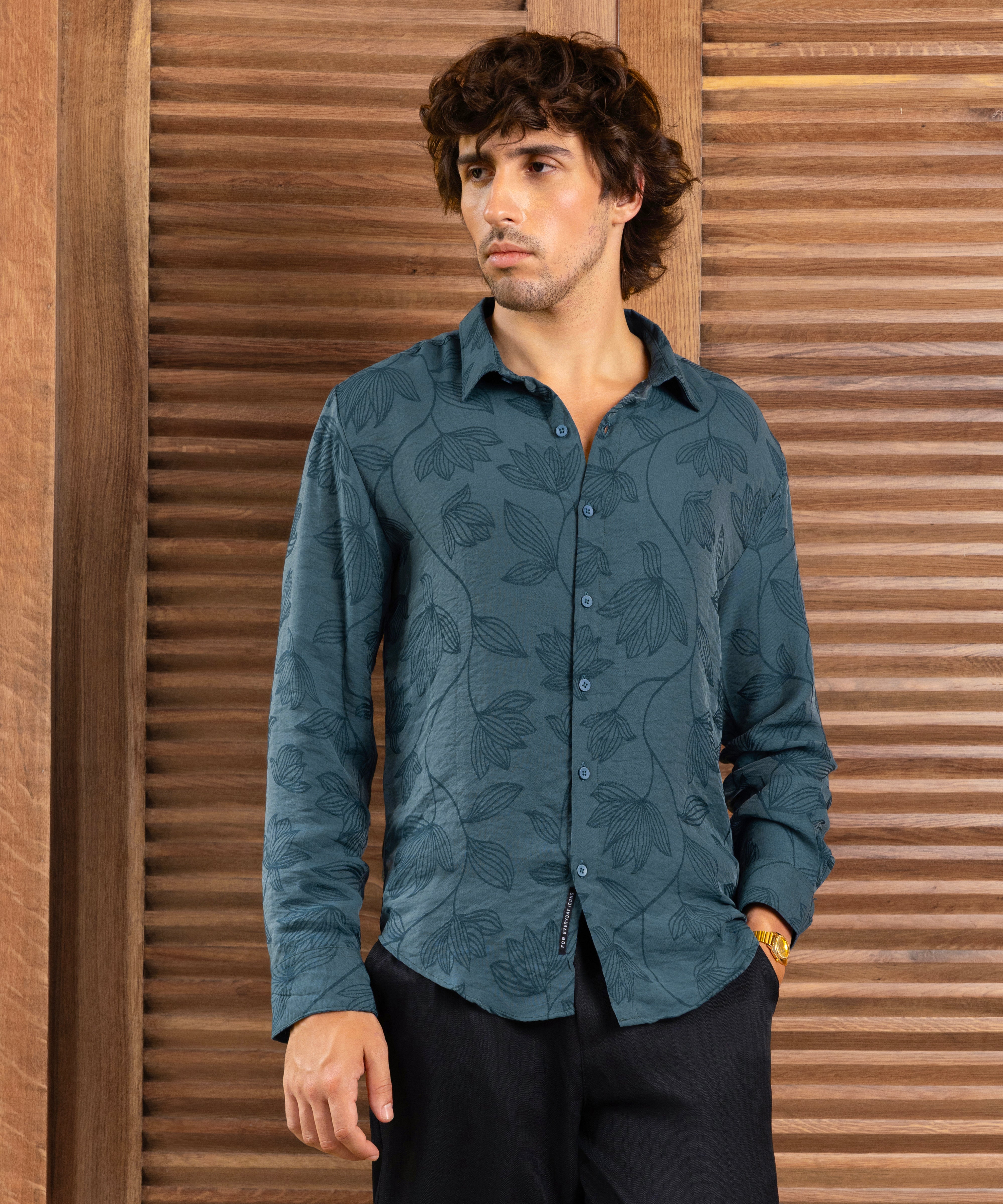 Men Teal Self Design Shirt