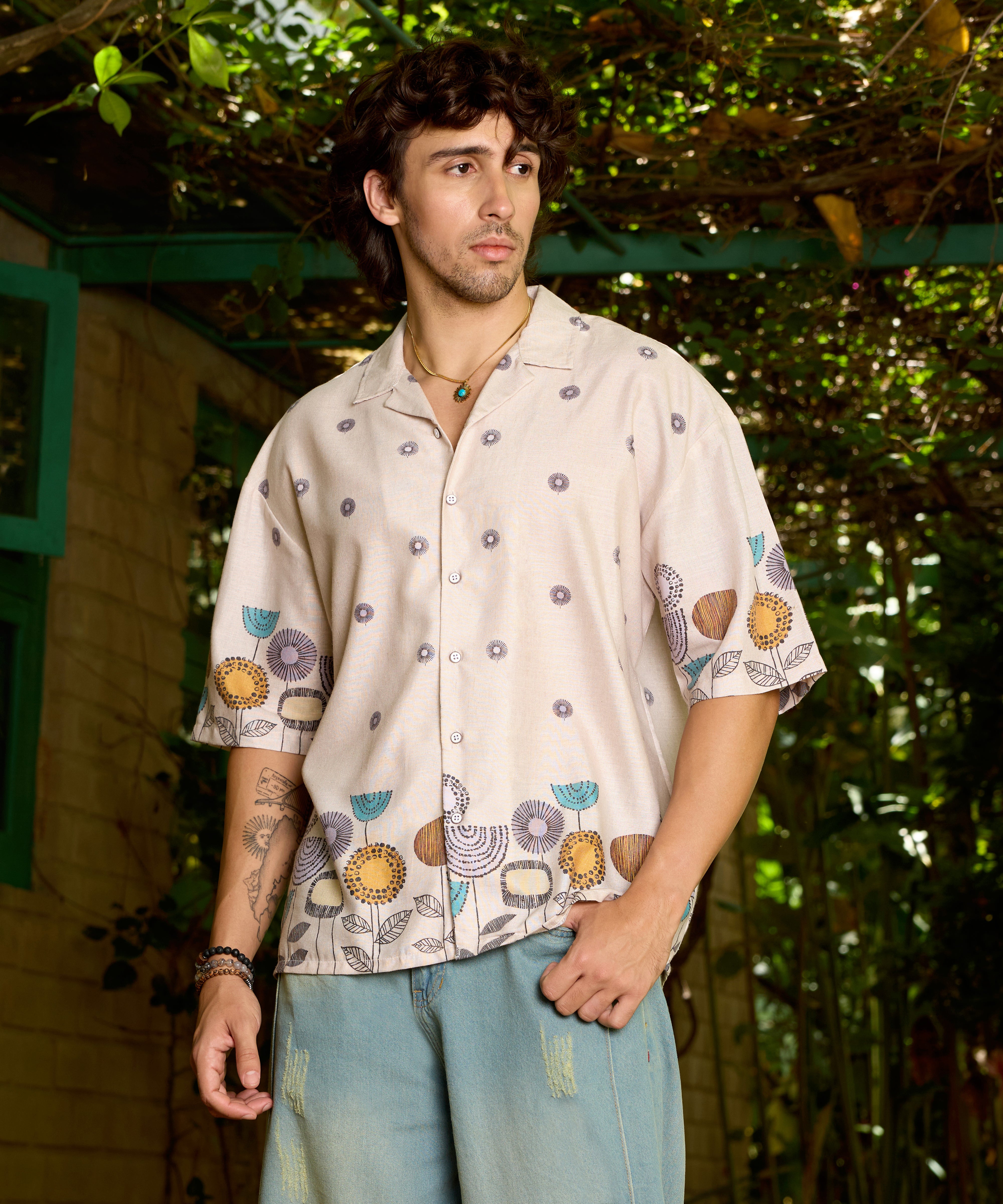 Men Beige Floral Oversized Shirt
