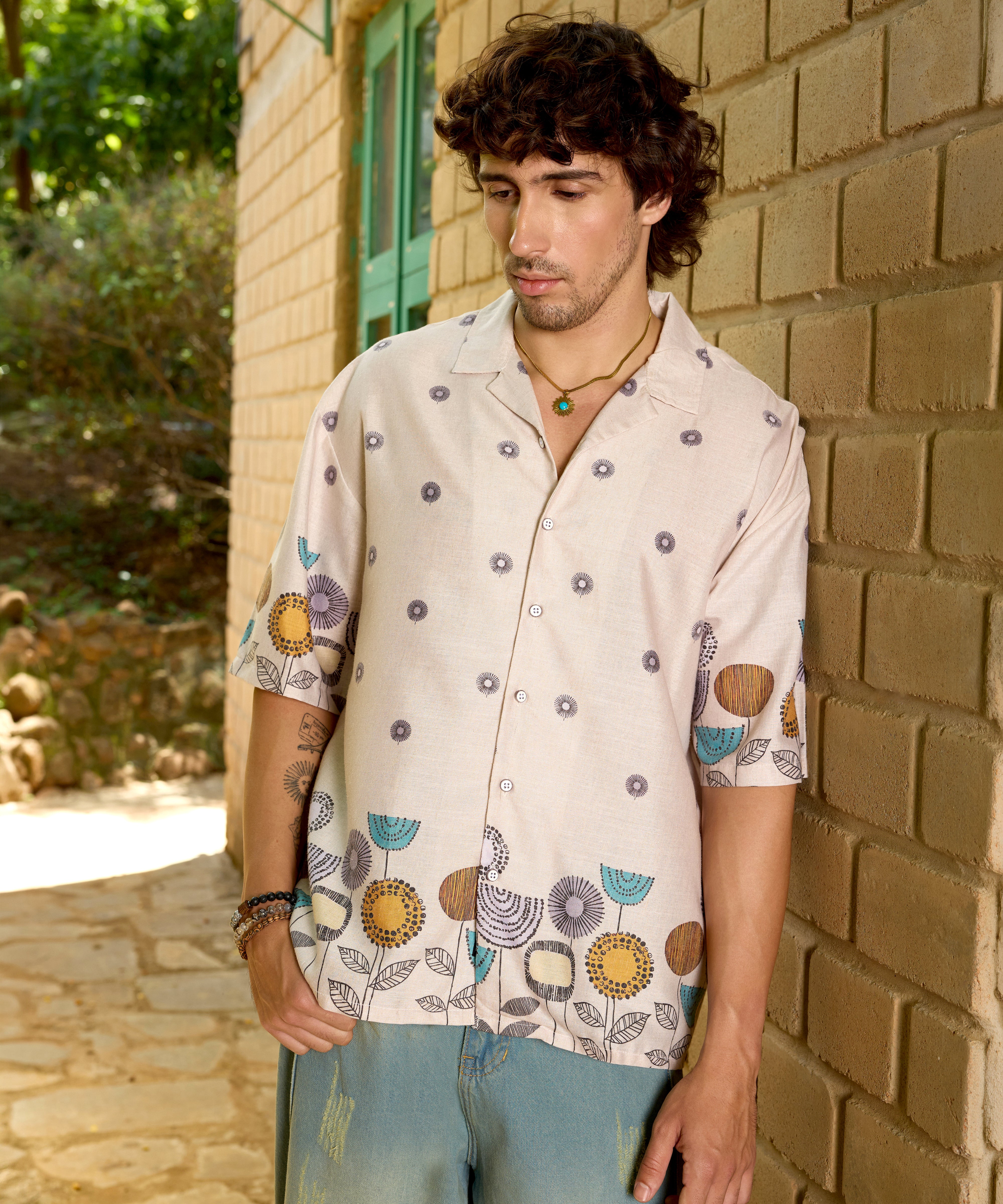 Men Beige Floral Oversized Shirt