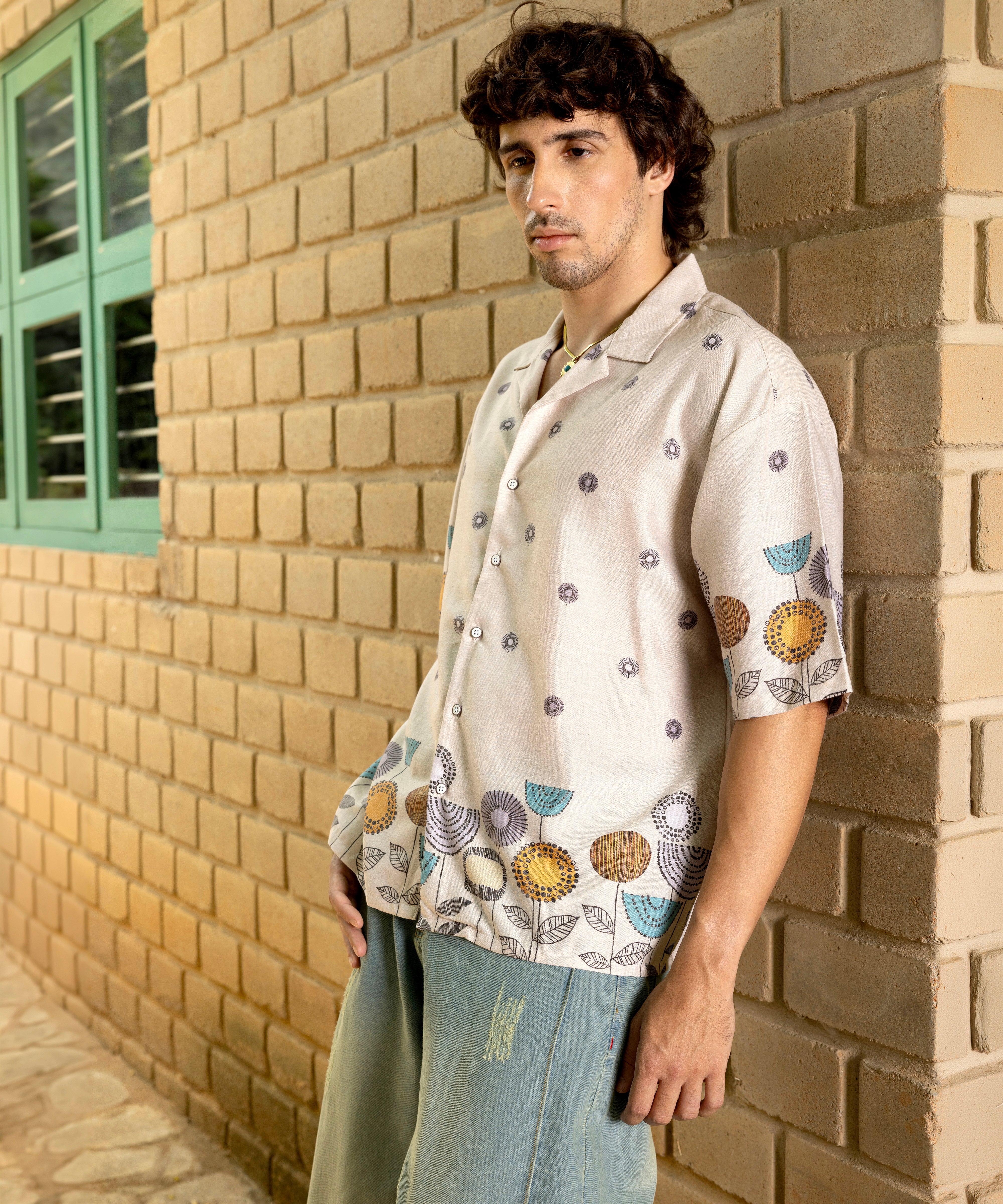 Men Beige Floral Oversized Shirt