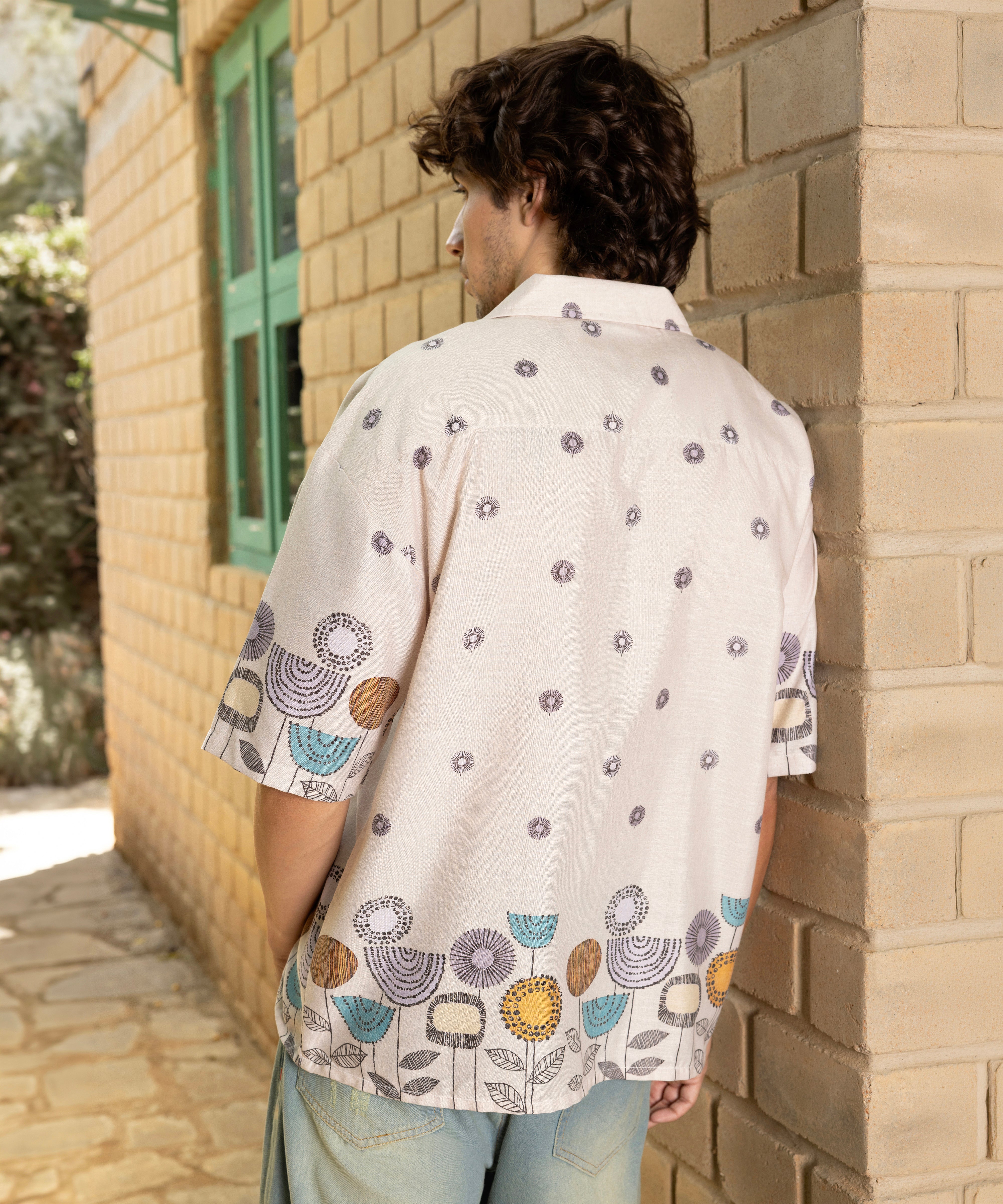Men Beige Floral Oversized Shirt