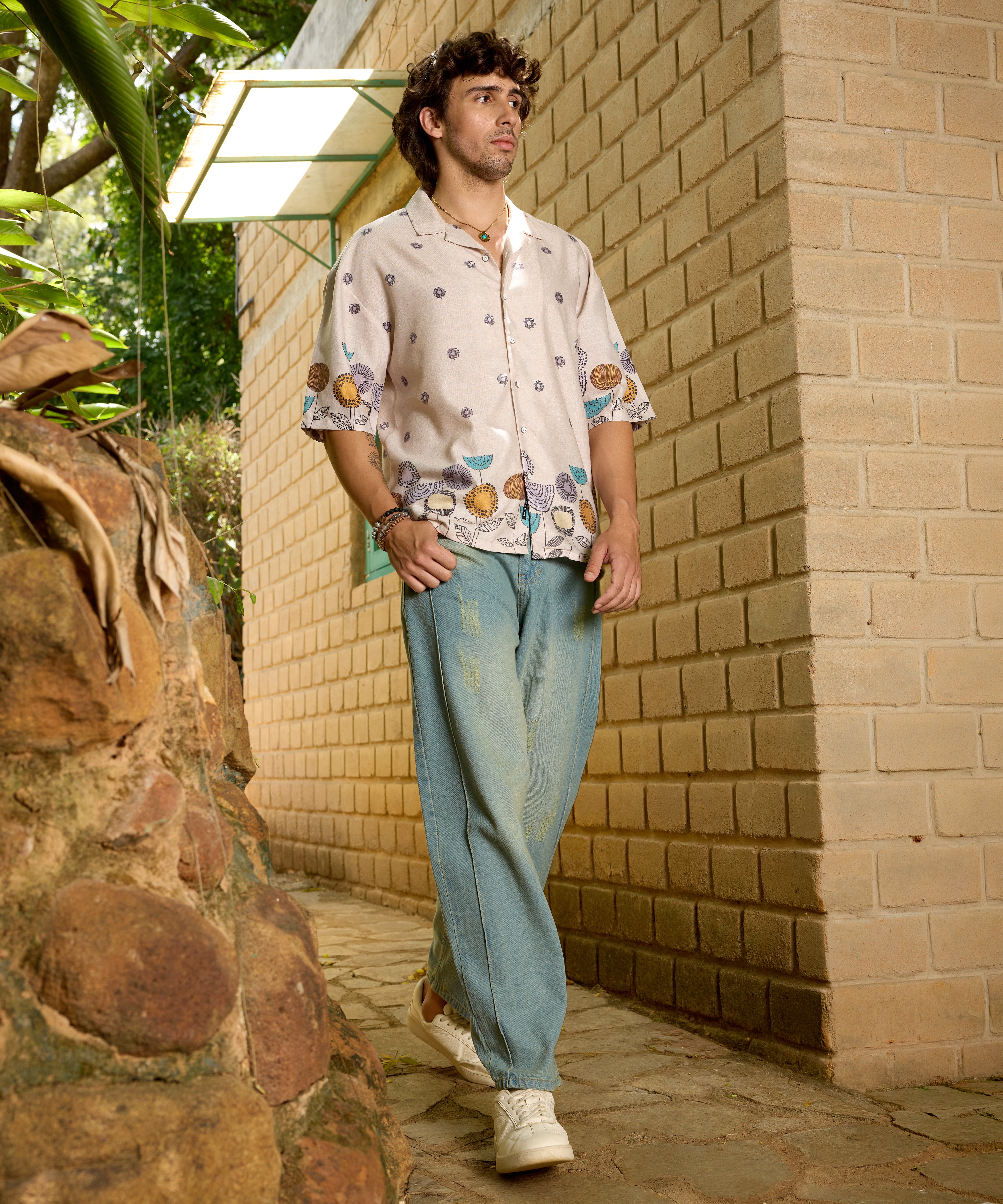 Men Beige Floral Oversized Shirt