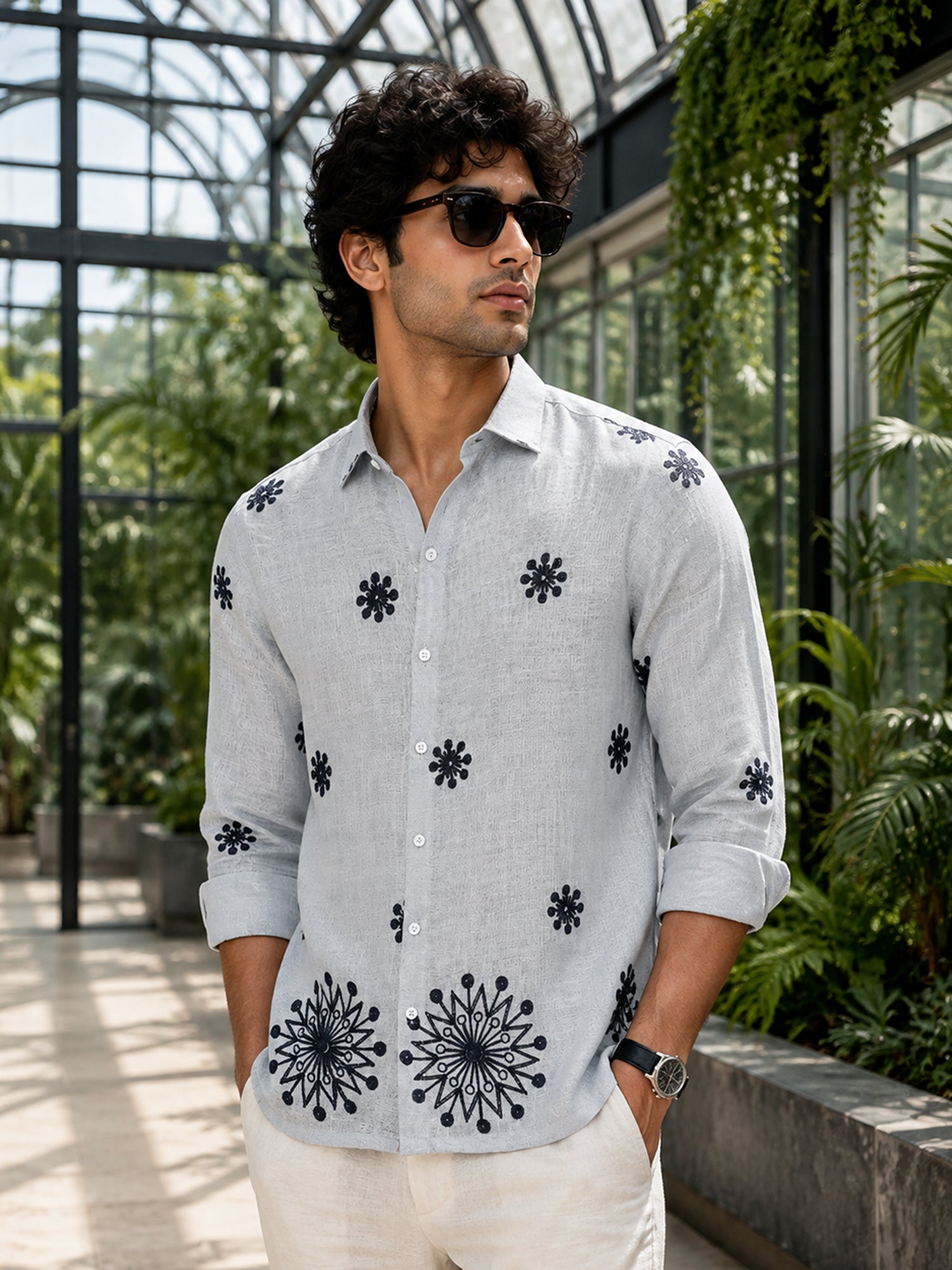 Men Light Grey Floral Print Shirt