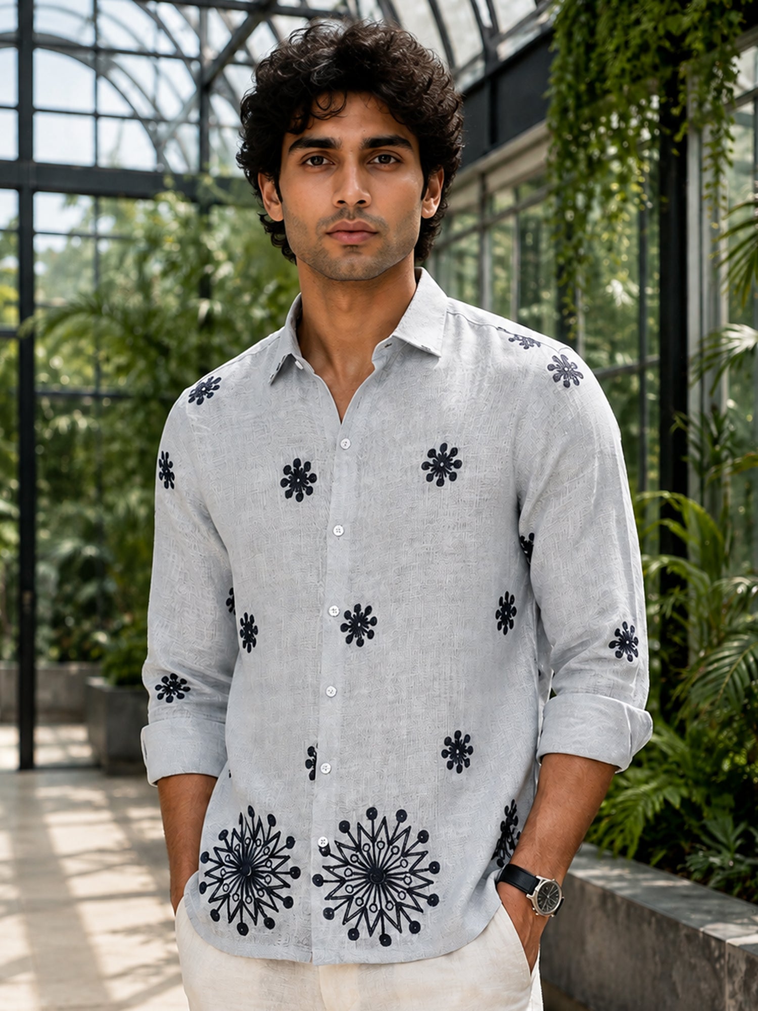 Men Light Grey Floral Print Shirt