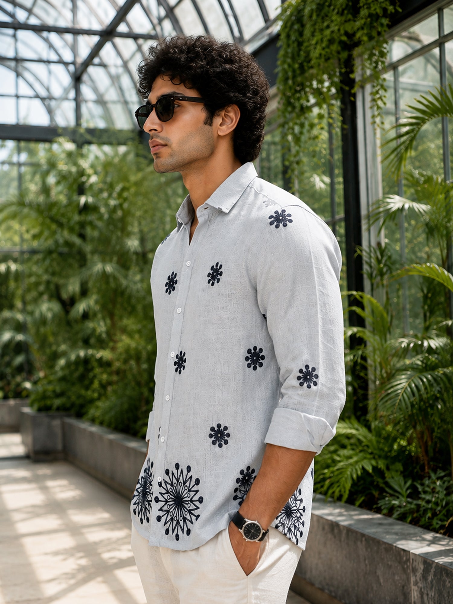 Men Light Grey Floral Print Shirt