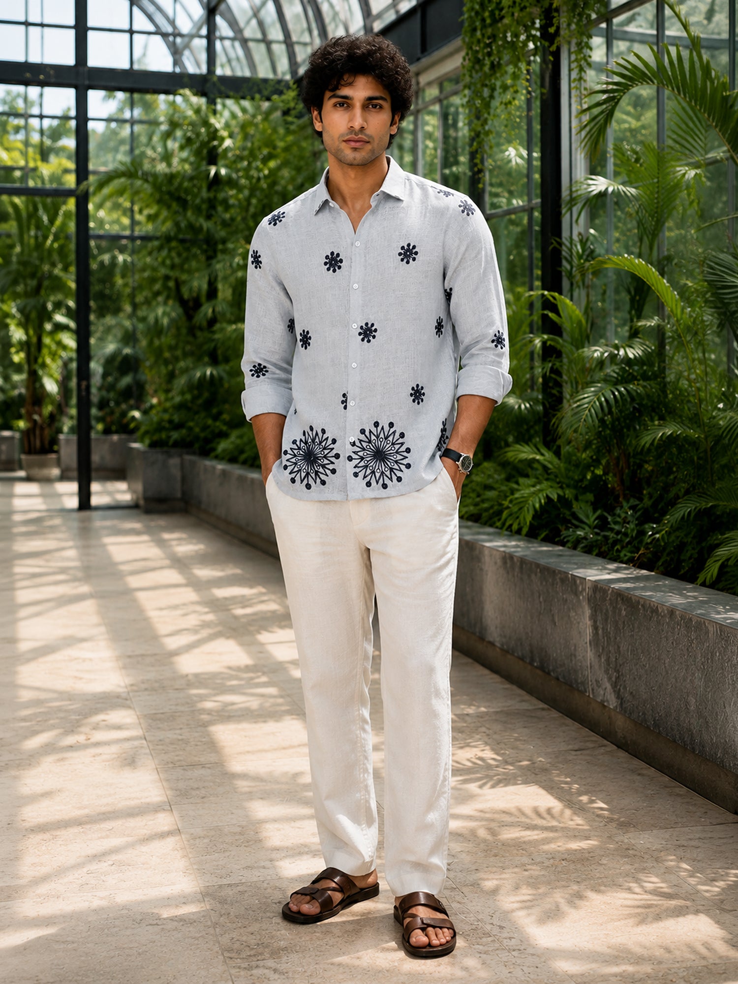 Men Light Grey Floral Print Shirt