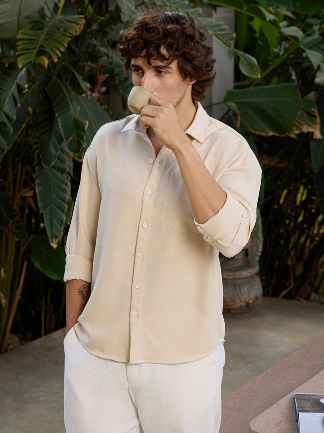 Men Off White Solid Relaxed Fit Shirt