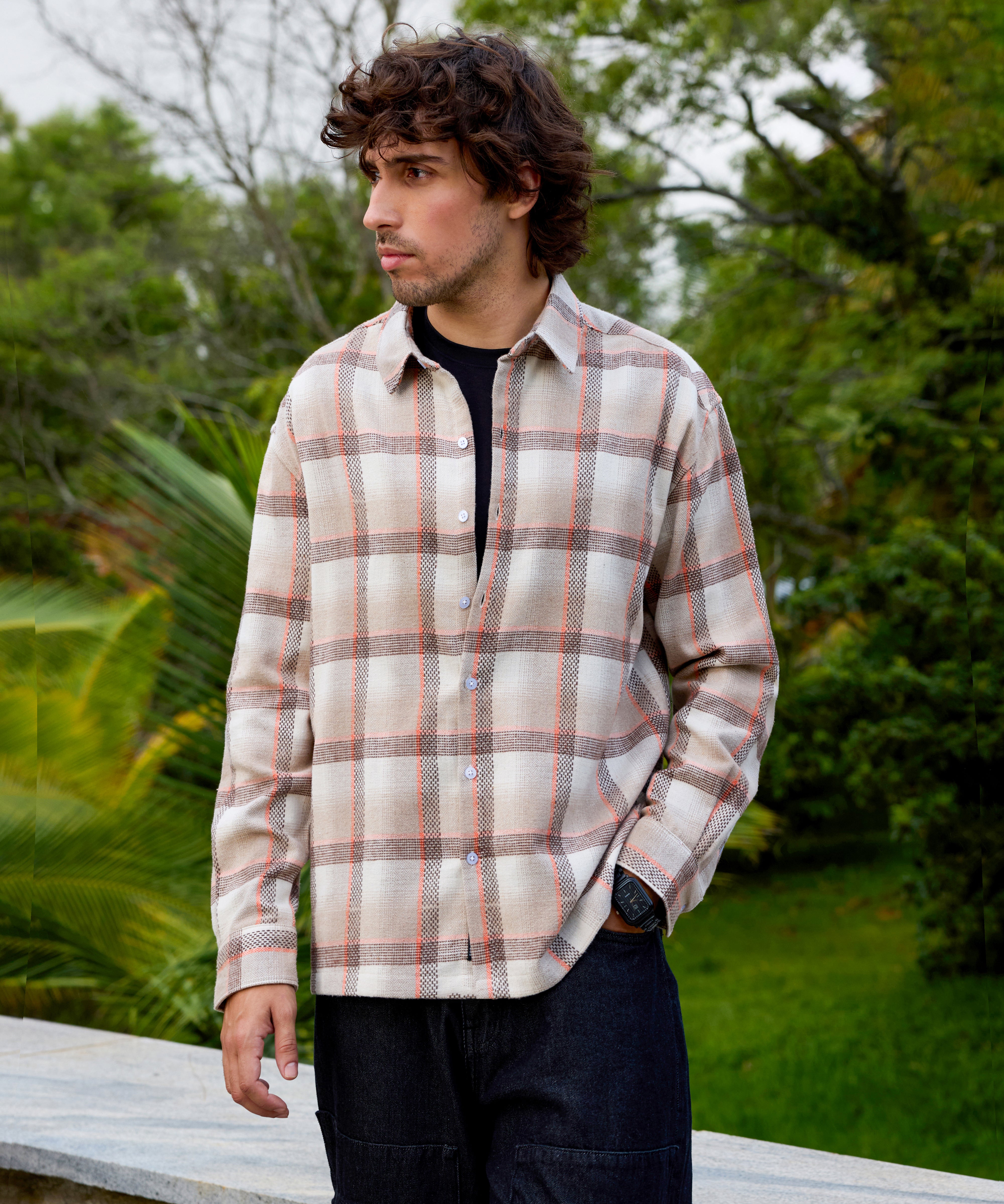 Men Beige Tartan Checked Oversized Shirt