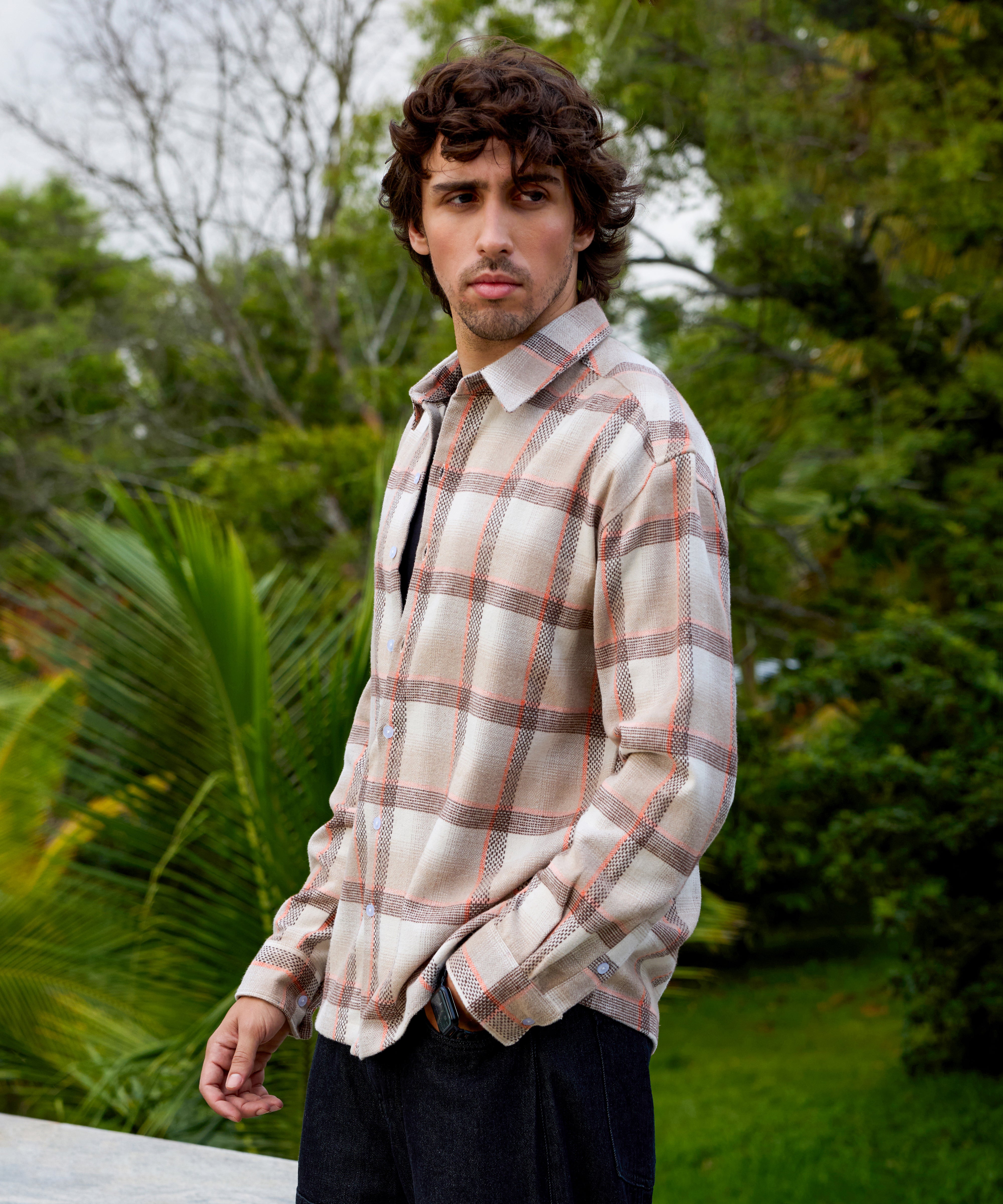 Men Beige Tartan Checked Oversized Shirt