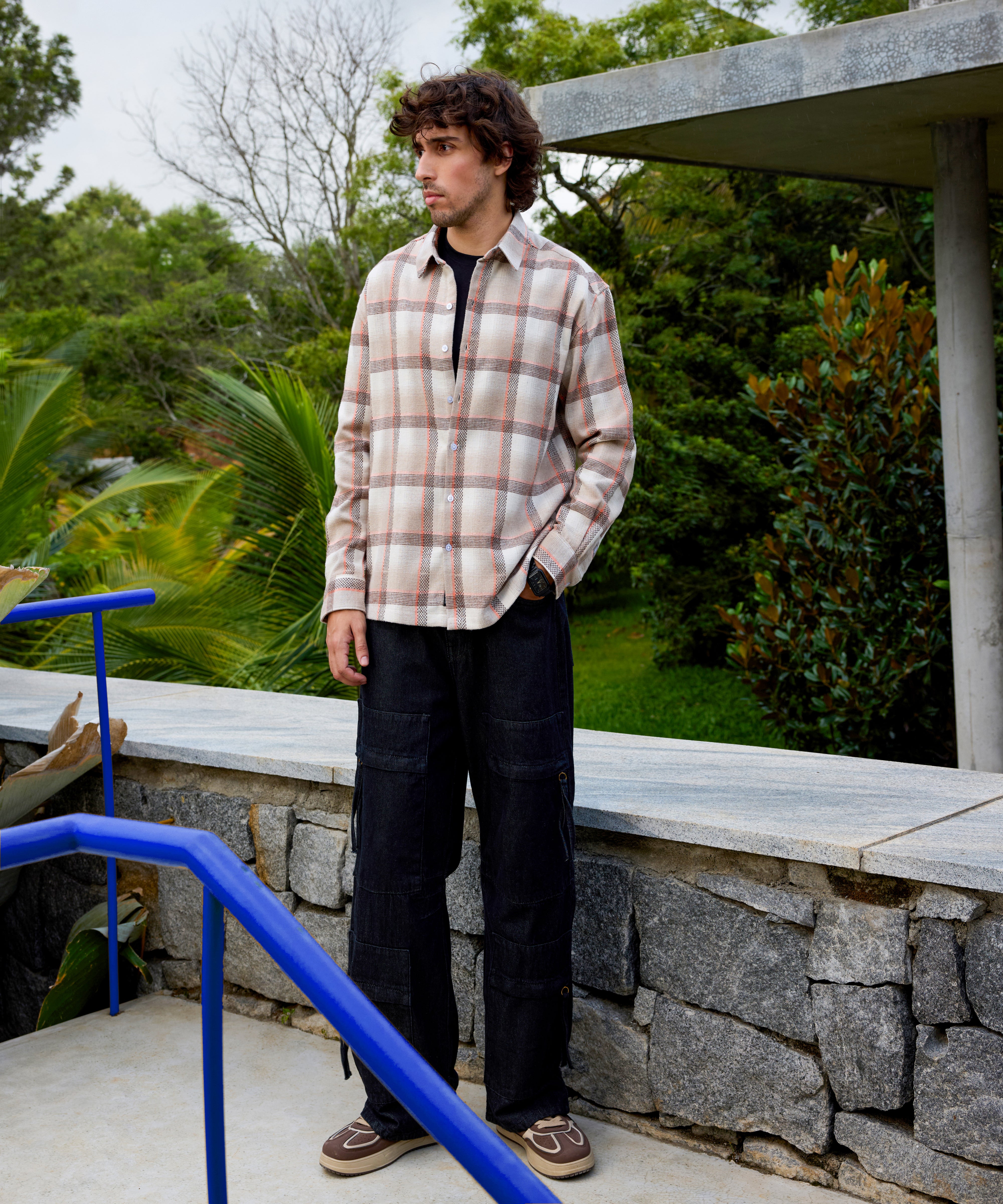Men Beige Tartan Checked Oversized Shirt