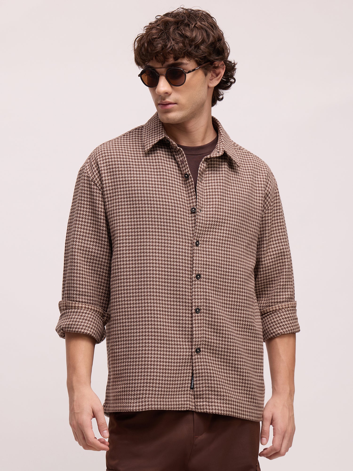 Men Brown Houndstooth Checked Shirt