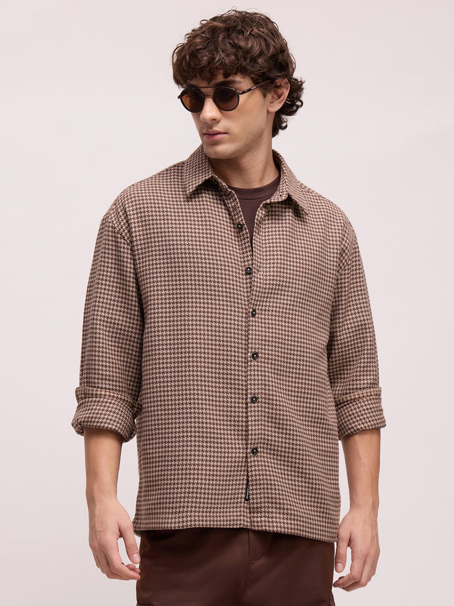 Men Brown Houndstooth Checked Shirt