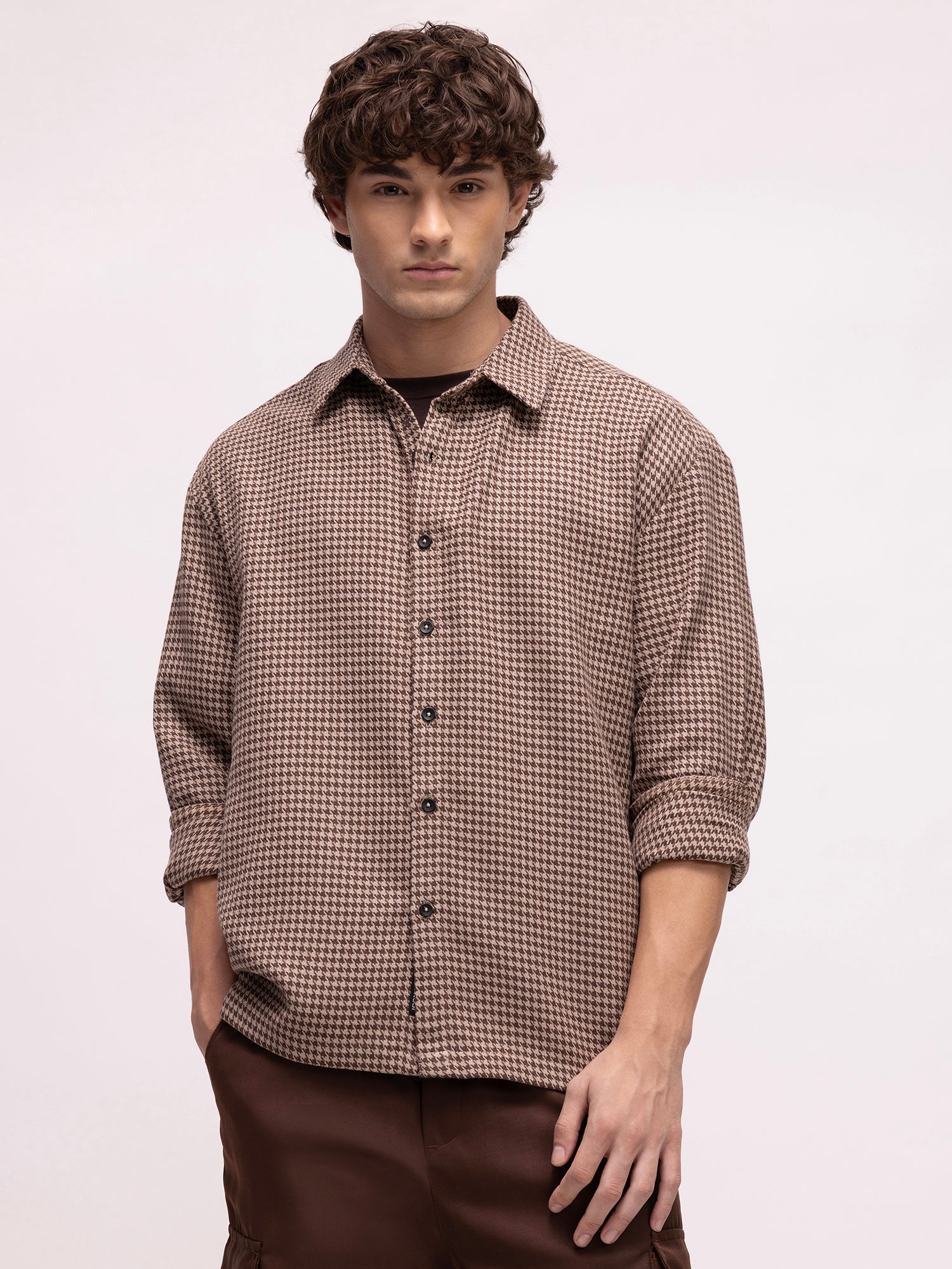 Men Brown Houndstooth Checked Shirt