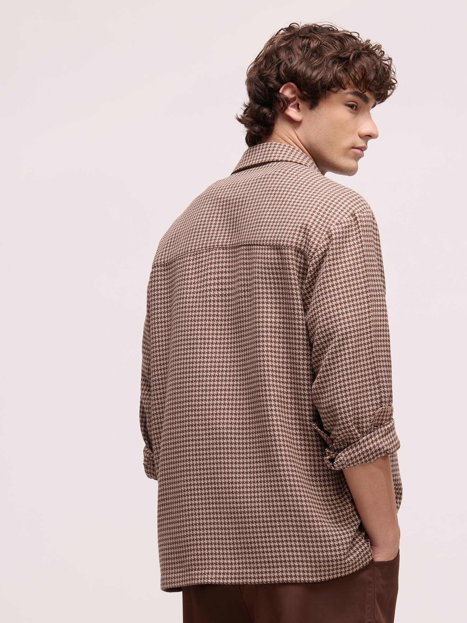 Men Brown Houndstooth Checked Shirt