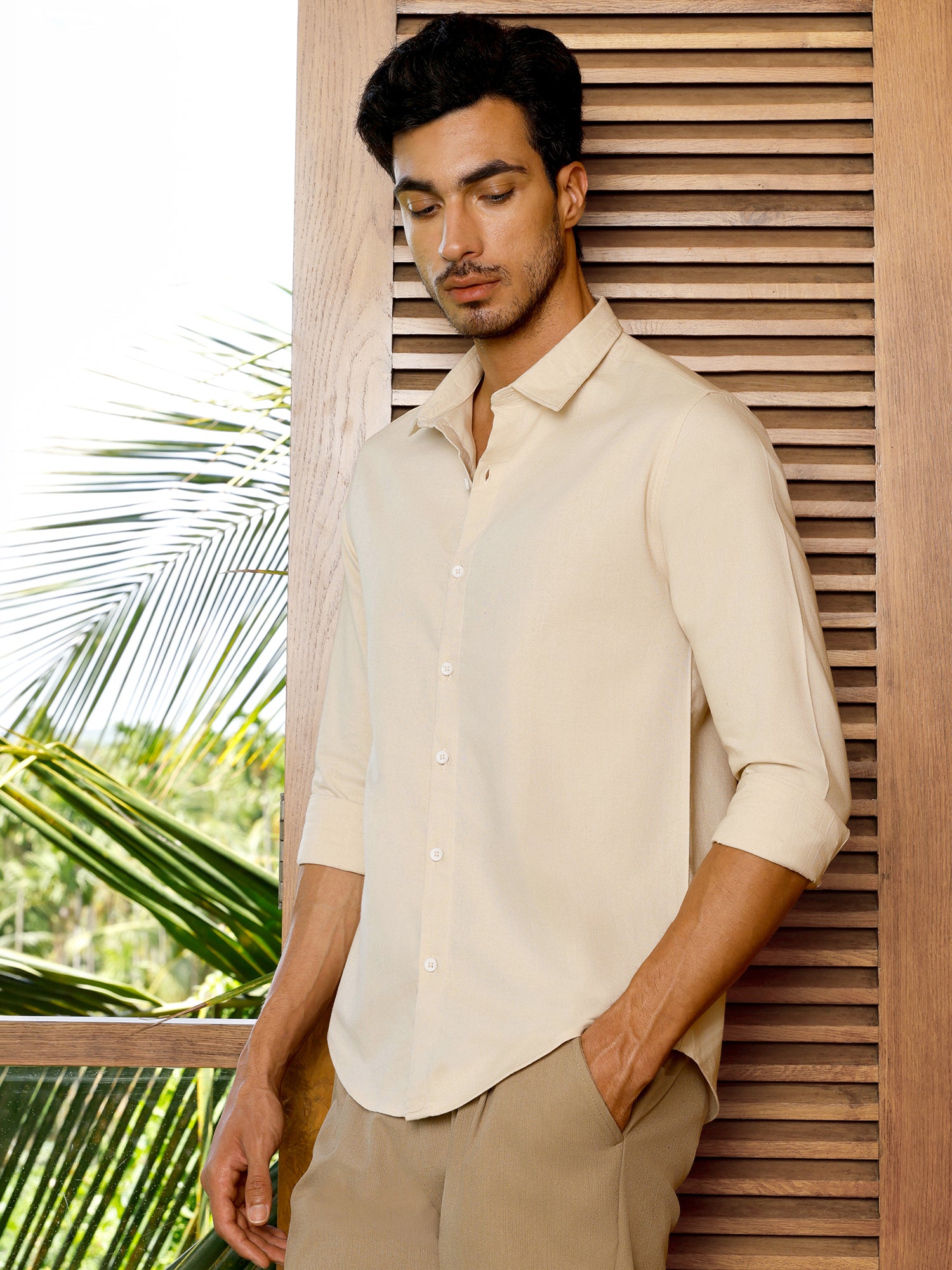 Men Beige Solid Shirt