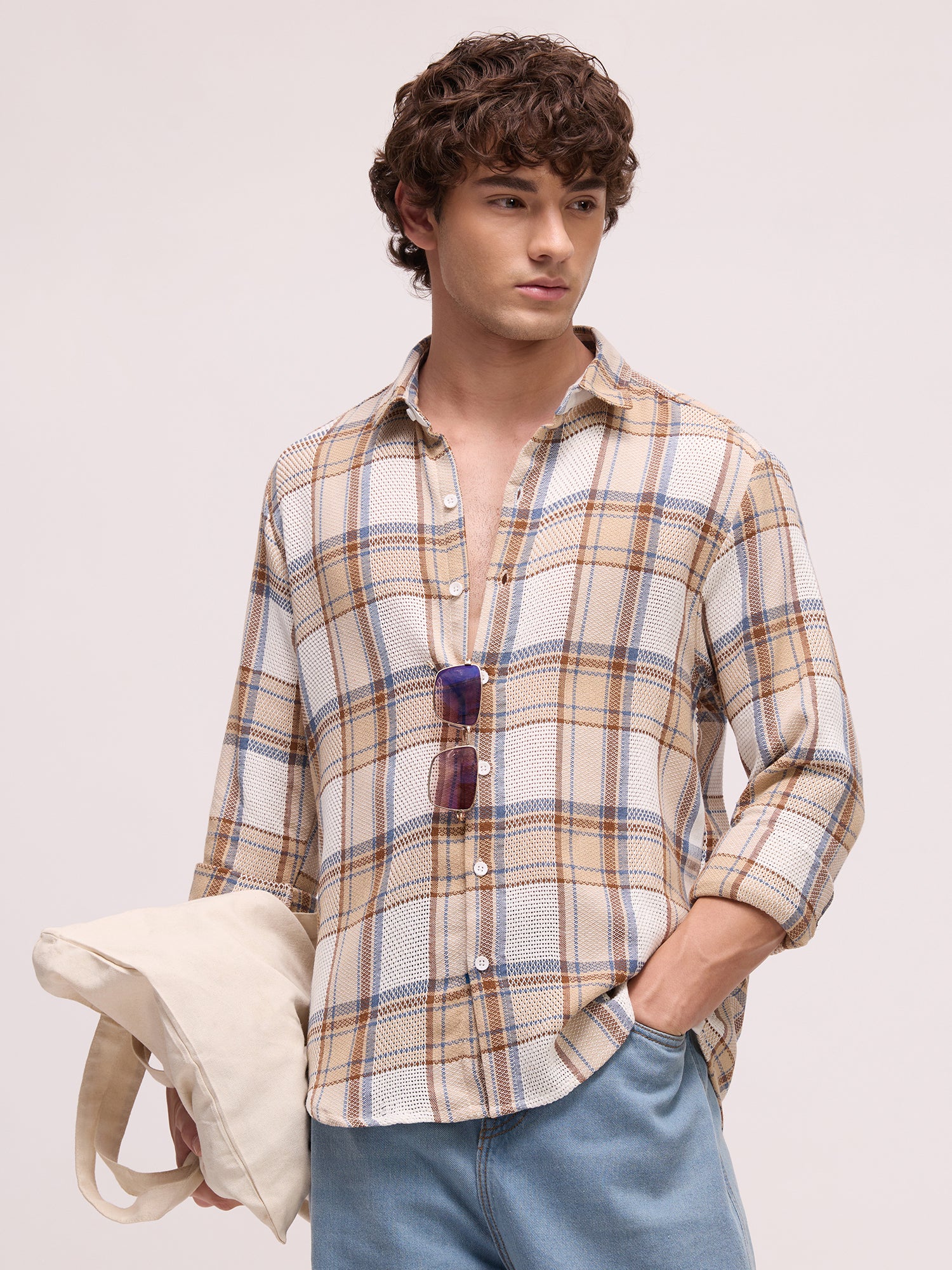 Men Off White Tartan Checked Shirt