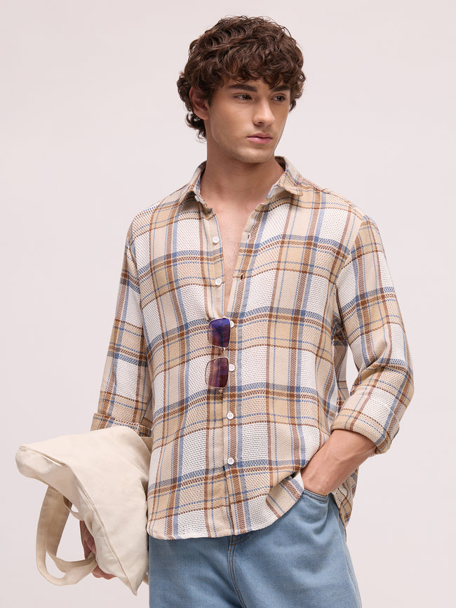 Men Off White Tartan Checked Shirt