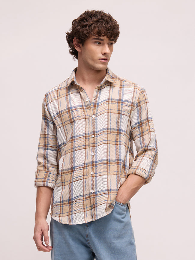Men Off White Tartan Checked Shirt