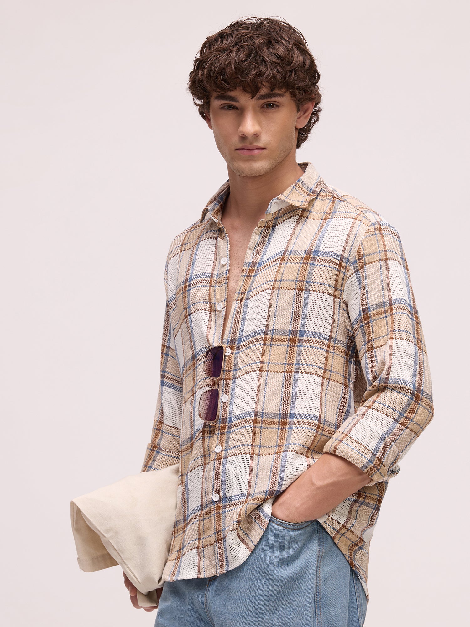 Men Off White Tartan Checked Shirt