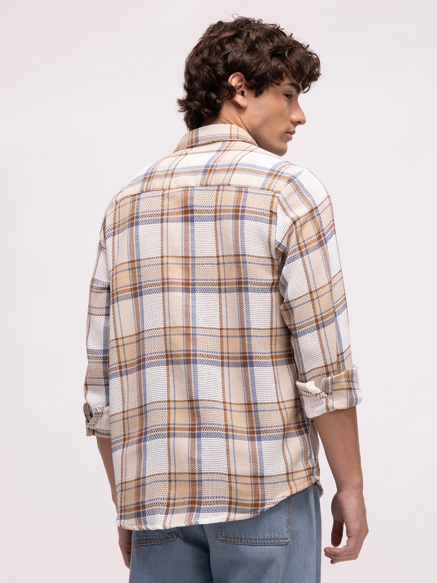 Men Off White Tartan Checked Shirt