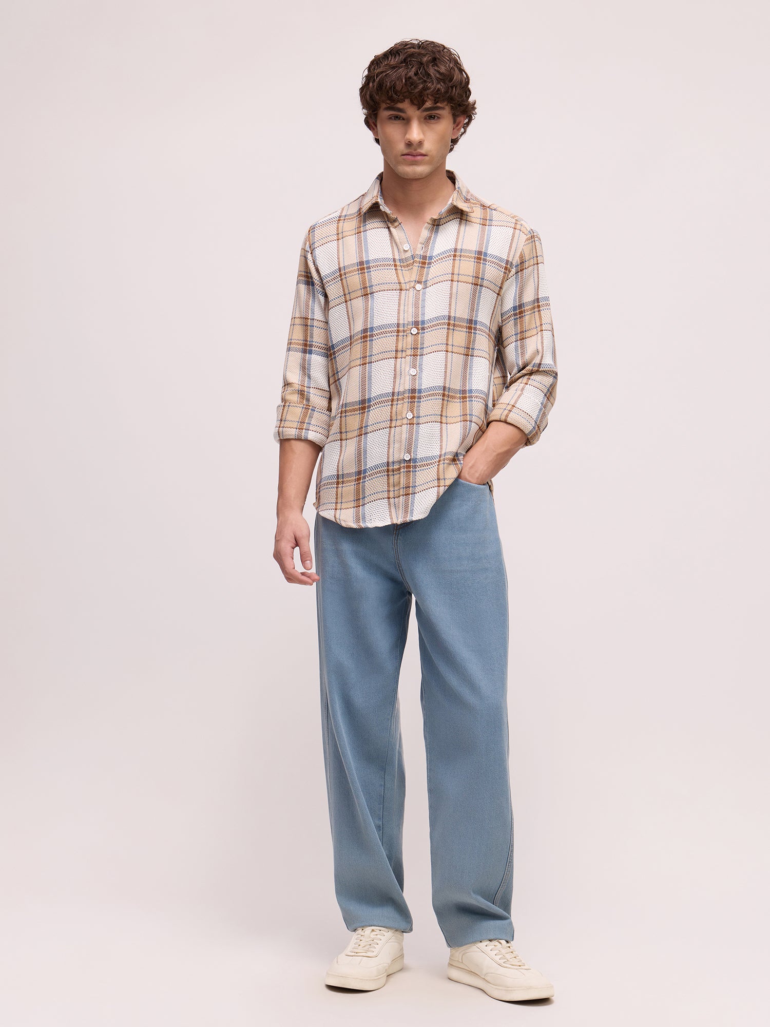 Men Off White Tartan Checked Shirt