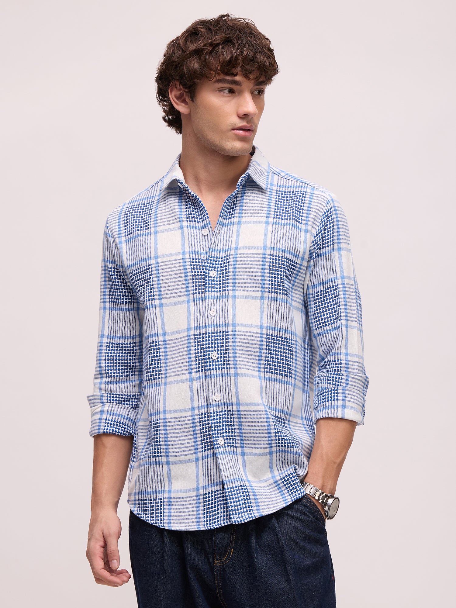 Men Blue Tartan Checked Shirt