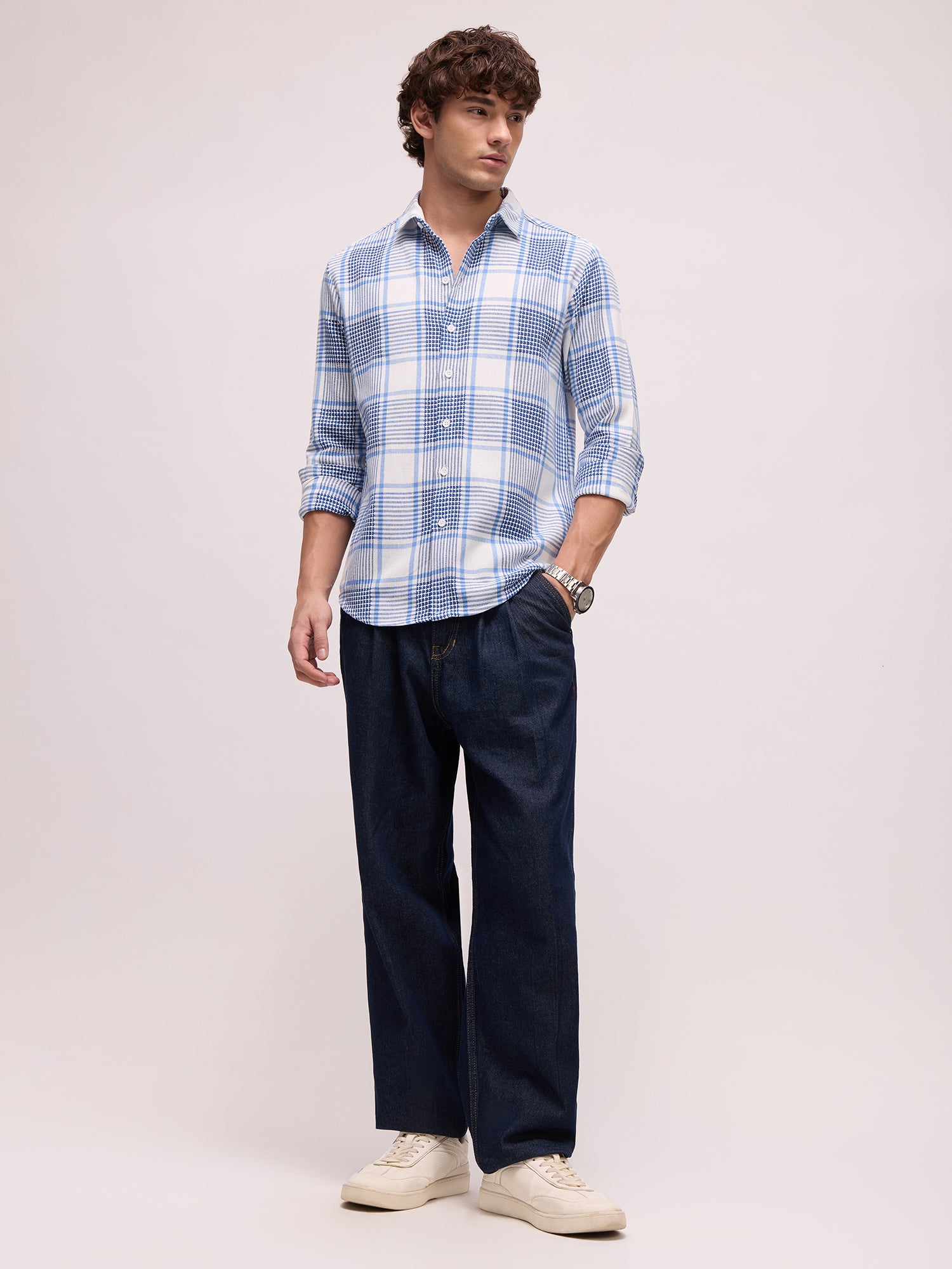 Men Blue Tartan Checked Shirt