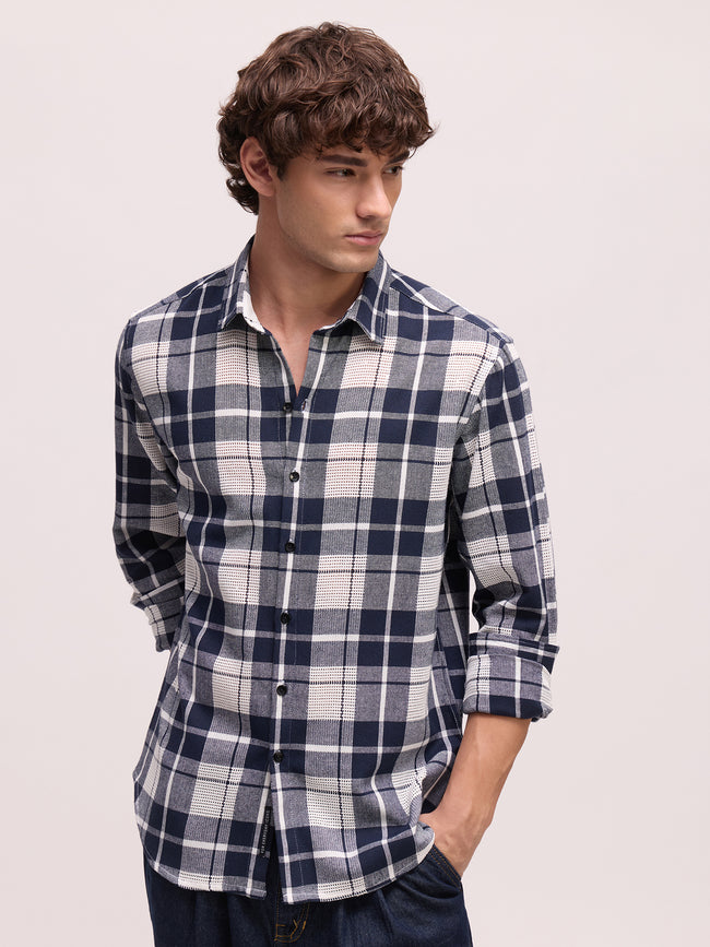 Men Navy Tartan Checked Shirt