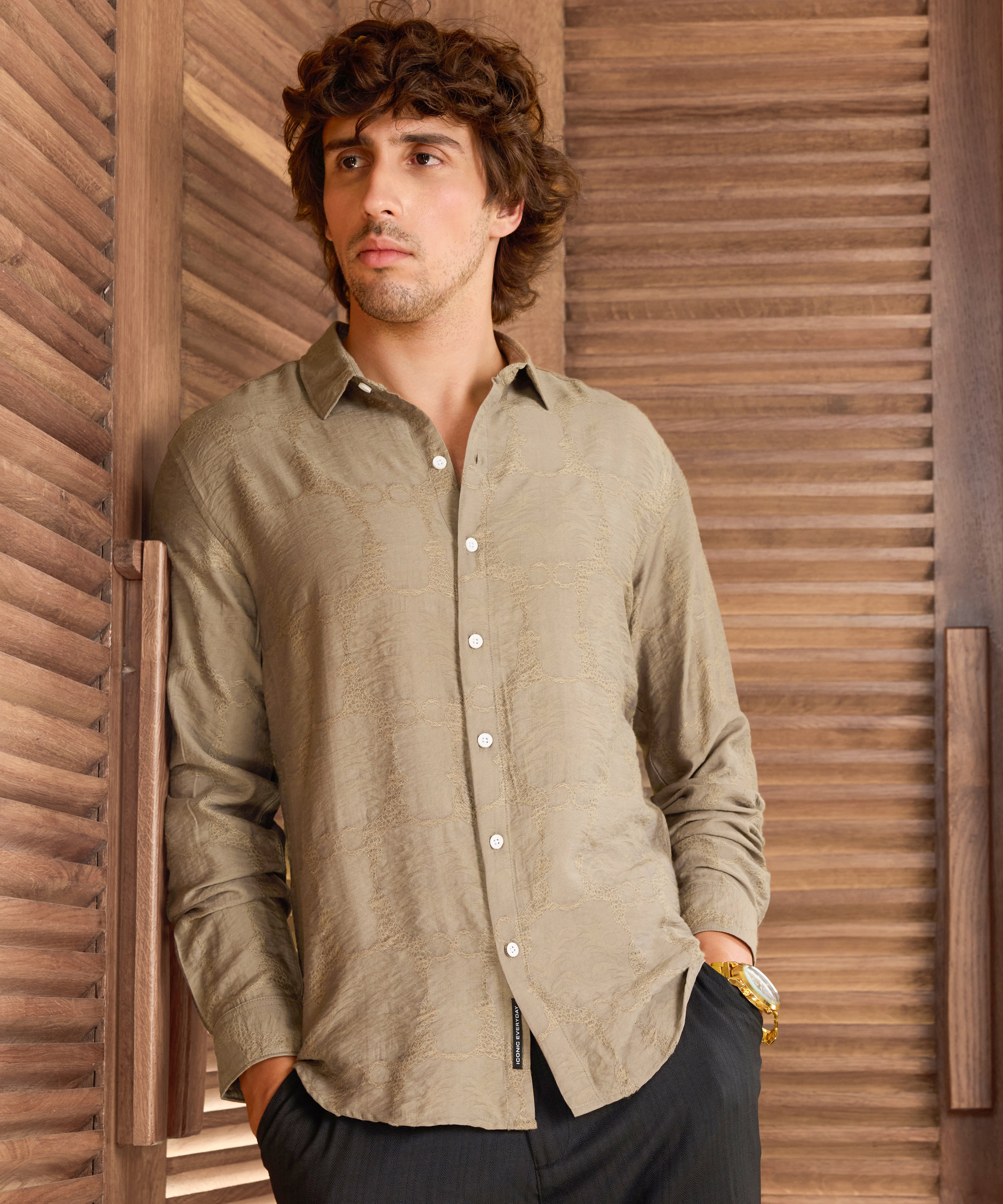 Men Beige Self Design Shirt