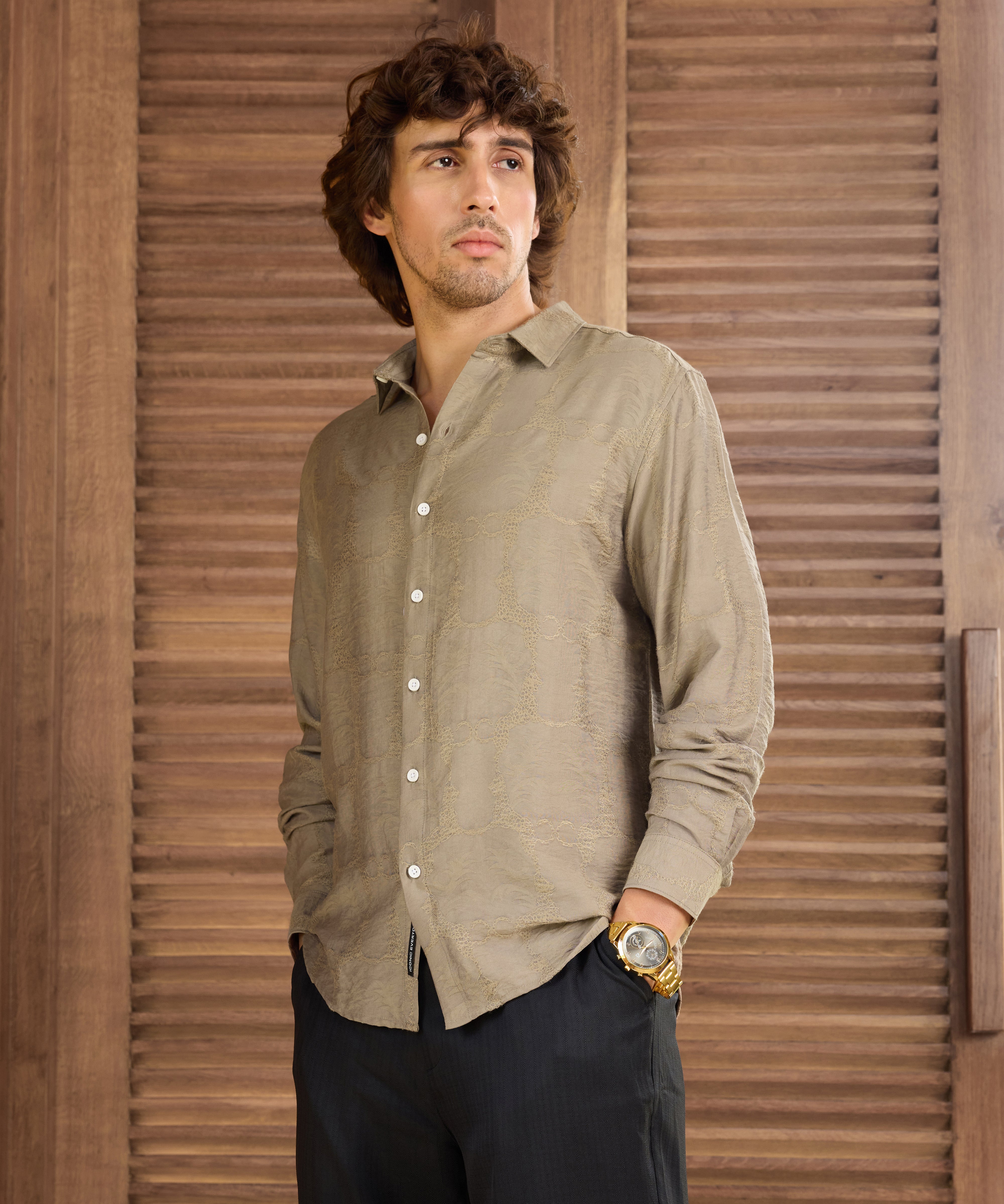 Men Beige Self Design Shirt